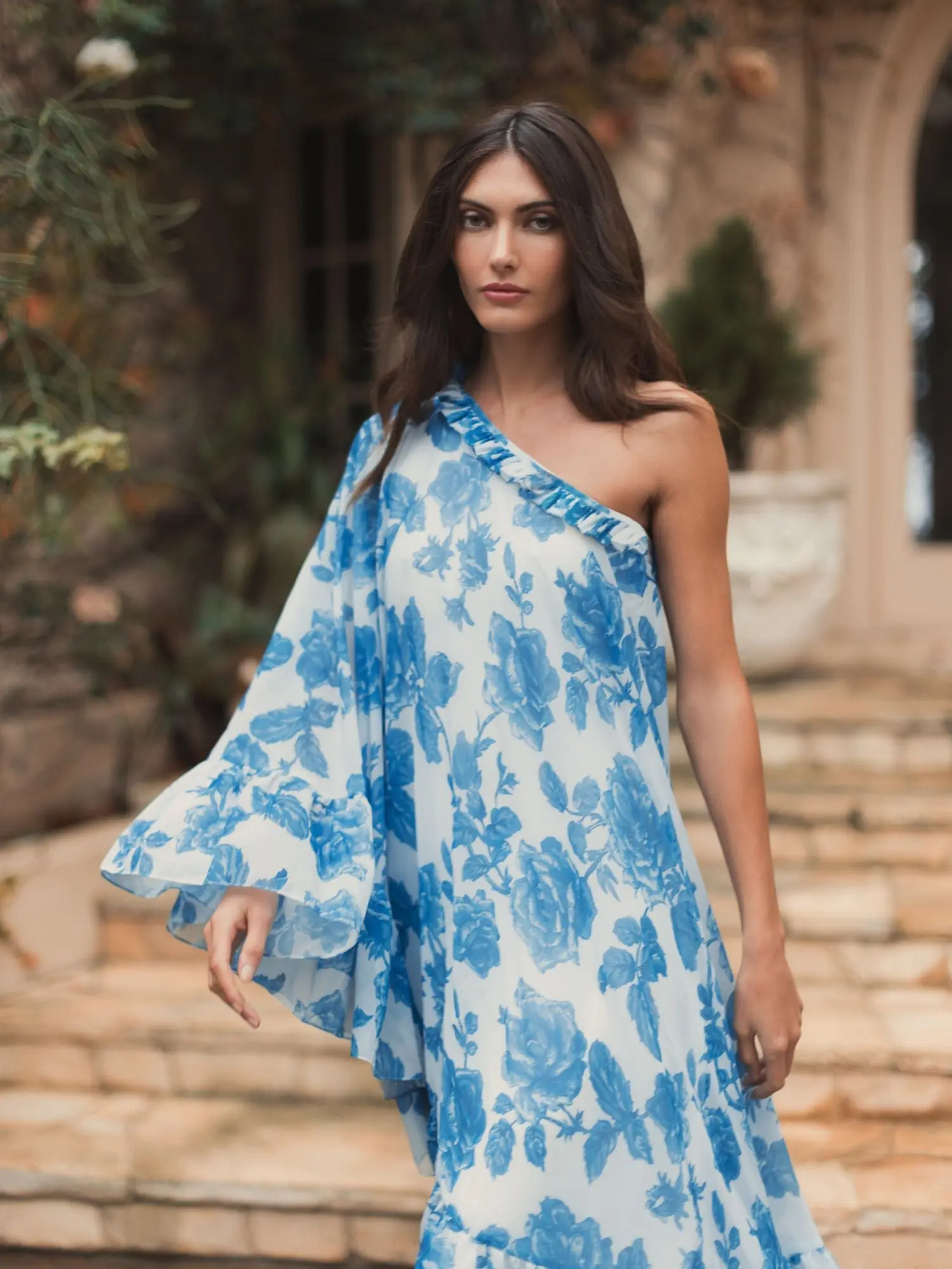 White and Blue Floral Print One Shoulder Cape Dress - Image 5