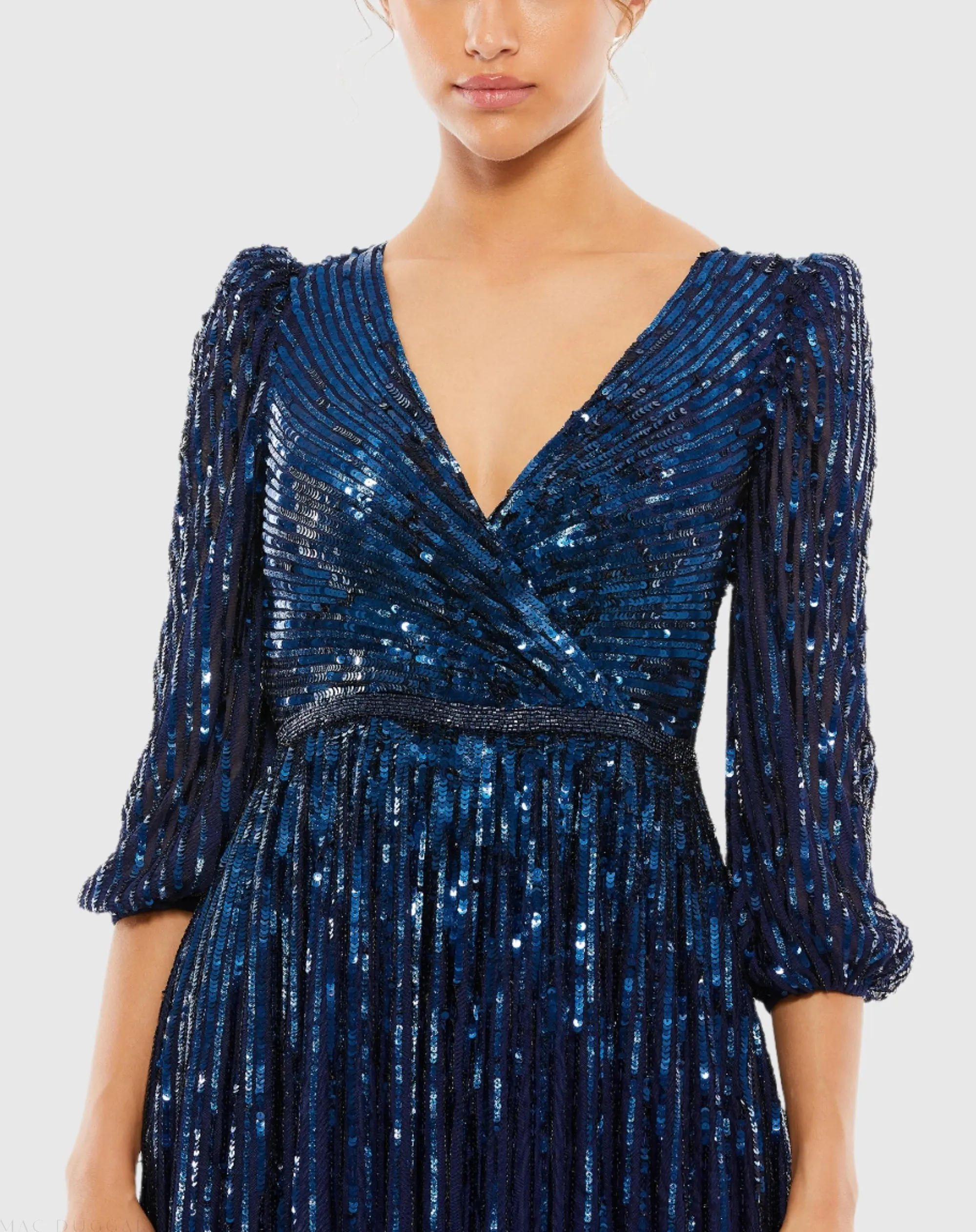 Navy Sequined Wrap Over 3/4 Sleeve Gown - Image 2