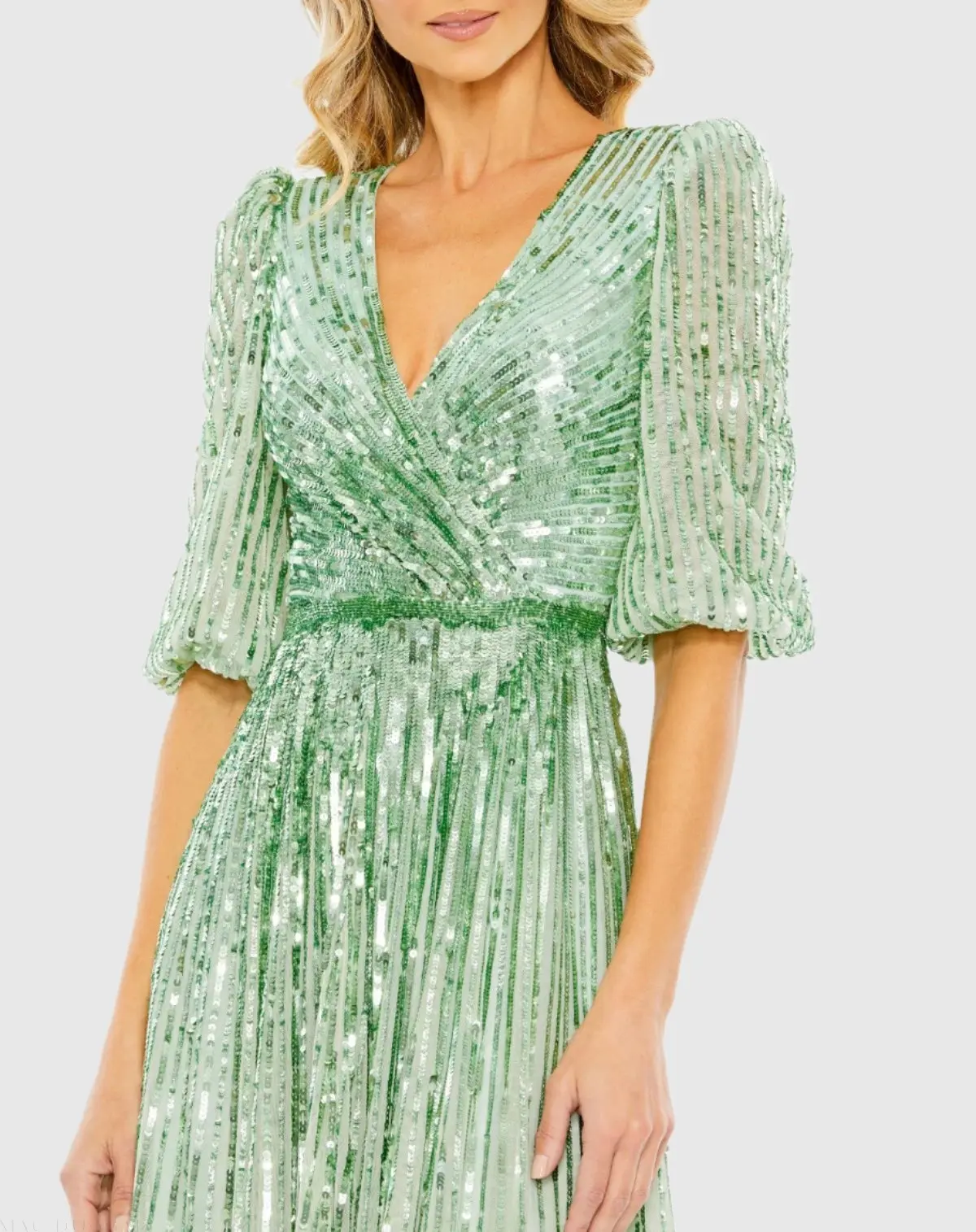 Green Sequined Wrap Over 3/4 Sleeve Gown - Image 2