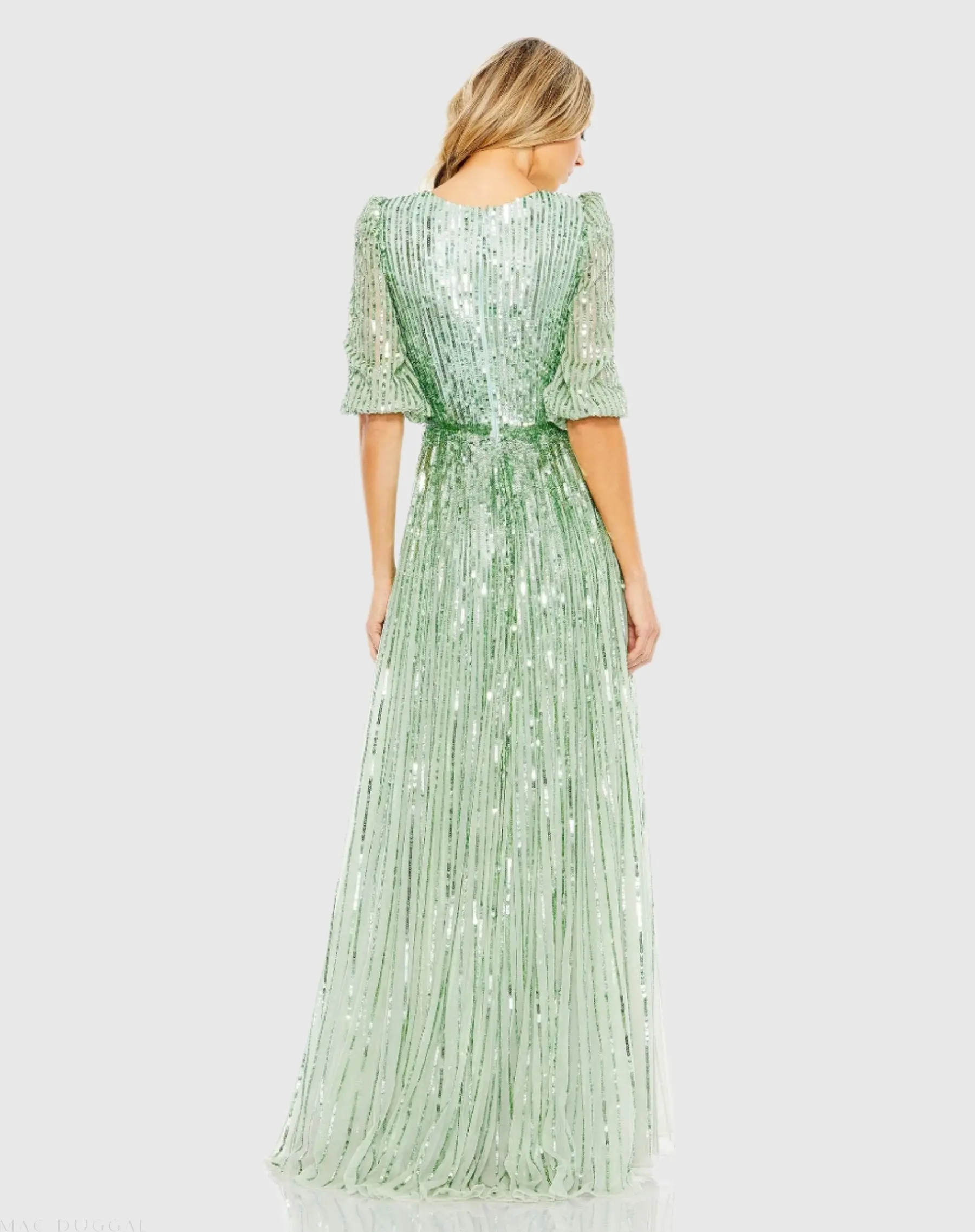 Green Sequined Wrap Over 3/4 Sleeve Gown - Image 3