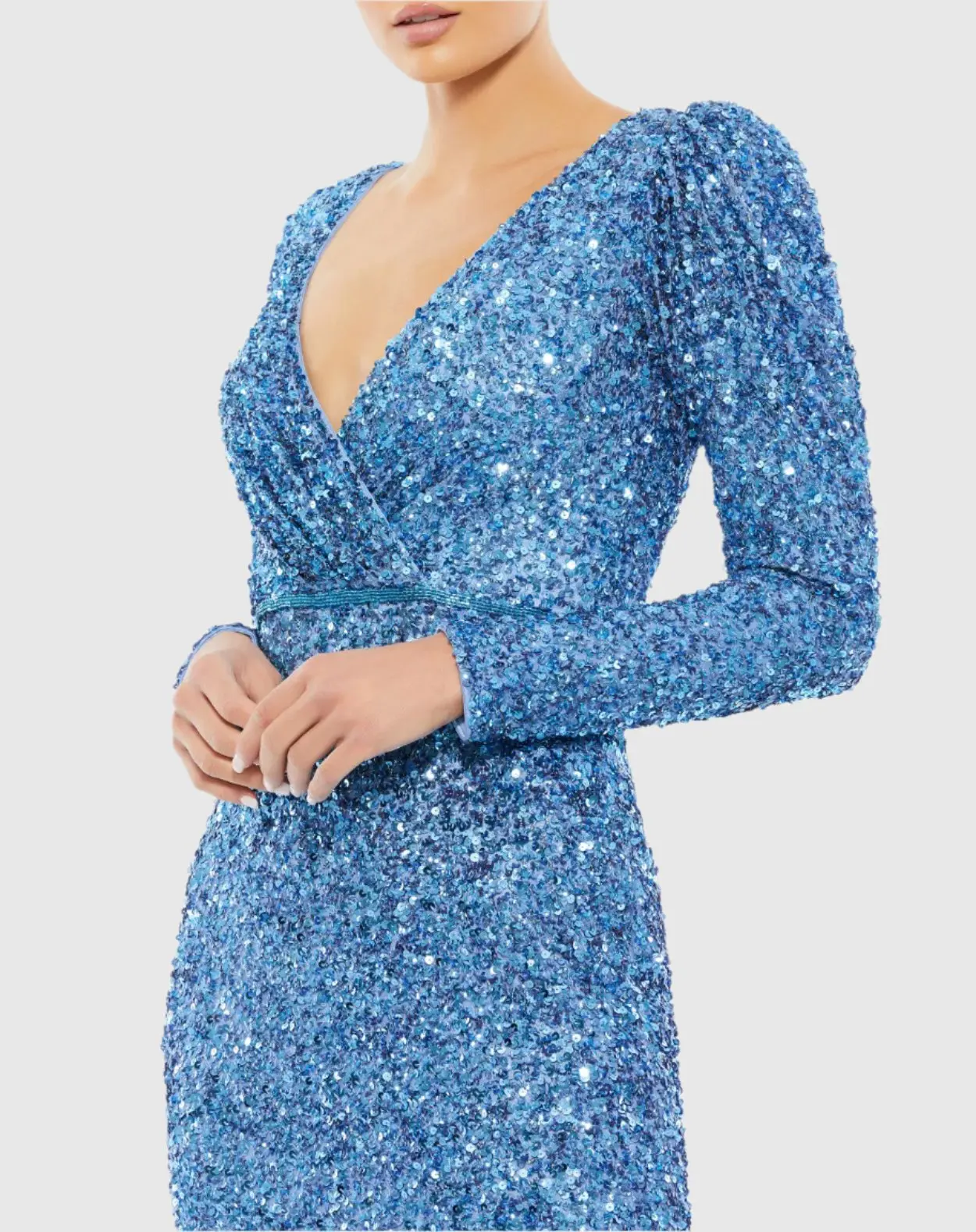 Blue Puff Shoulder Sequined Surplice Gown - Image 2