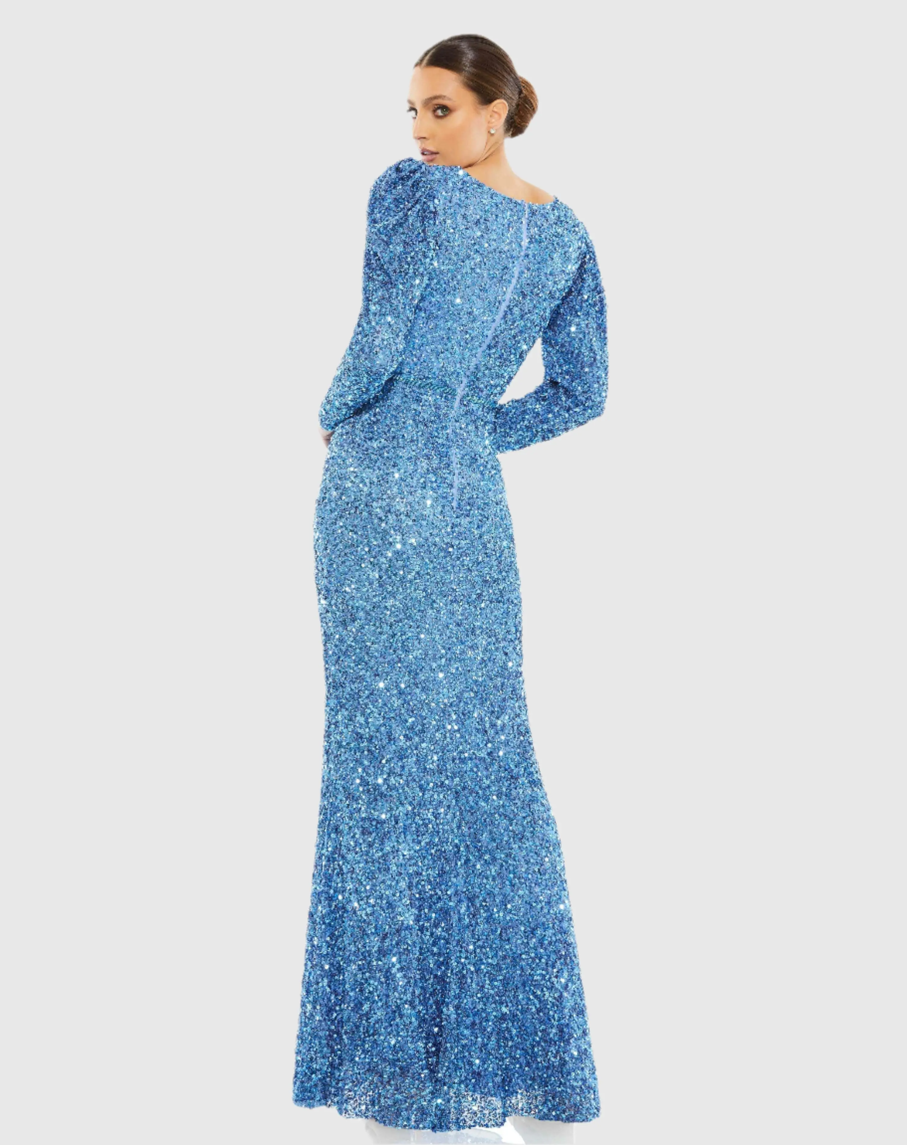 Blue Puff Shoulder Sequined Surplice Gown - Image 3