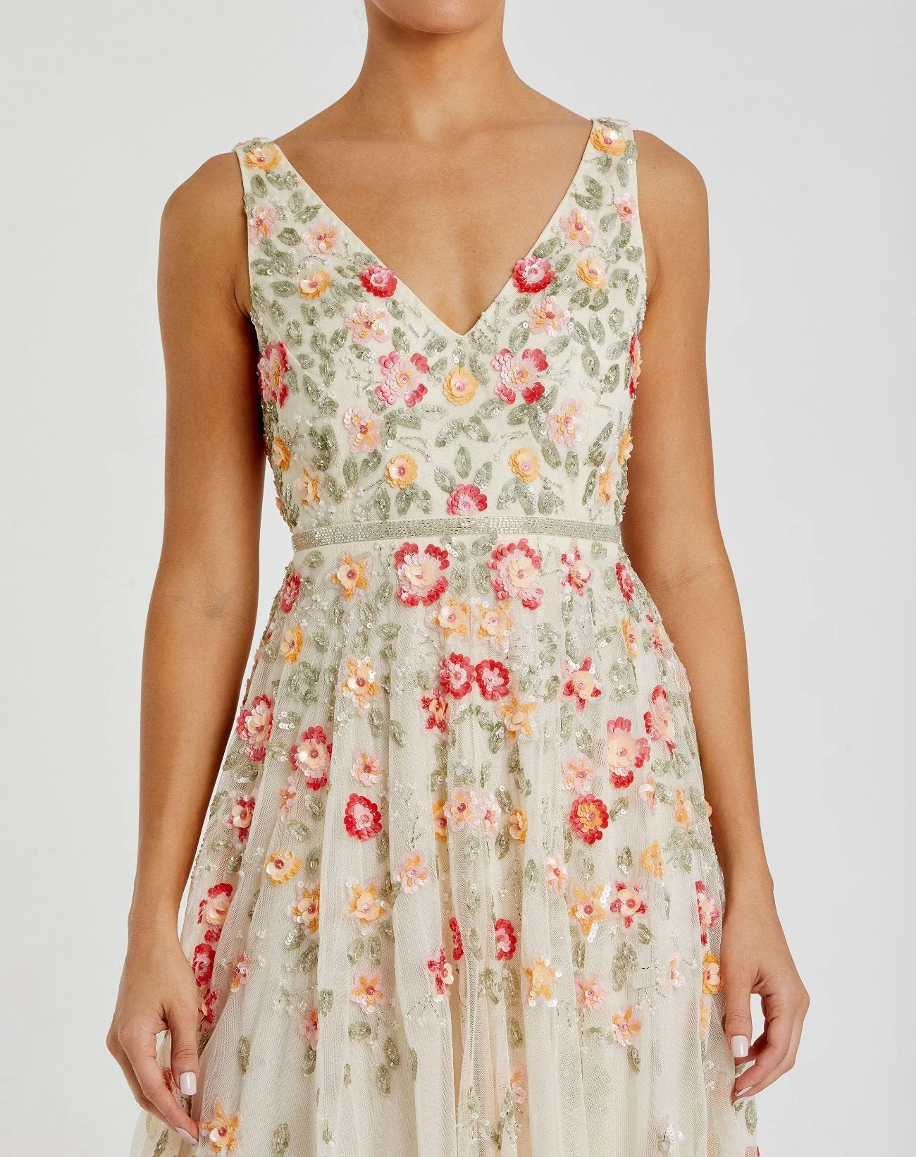 White V-Neck Sleeveless Midi Floral Beaded A-line Dress - Image 2