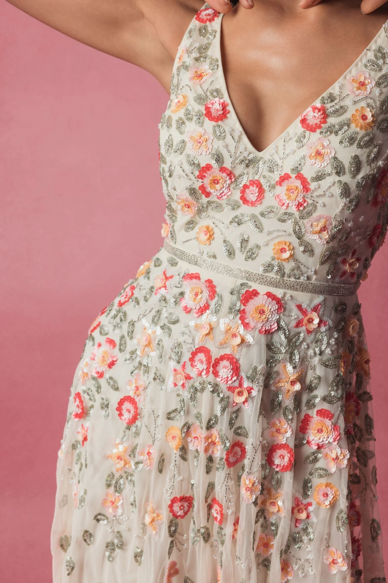White V-Neck Sleeveless Midi Floral Beaded A-line Dress - Image 5