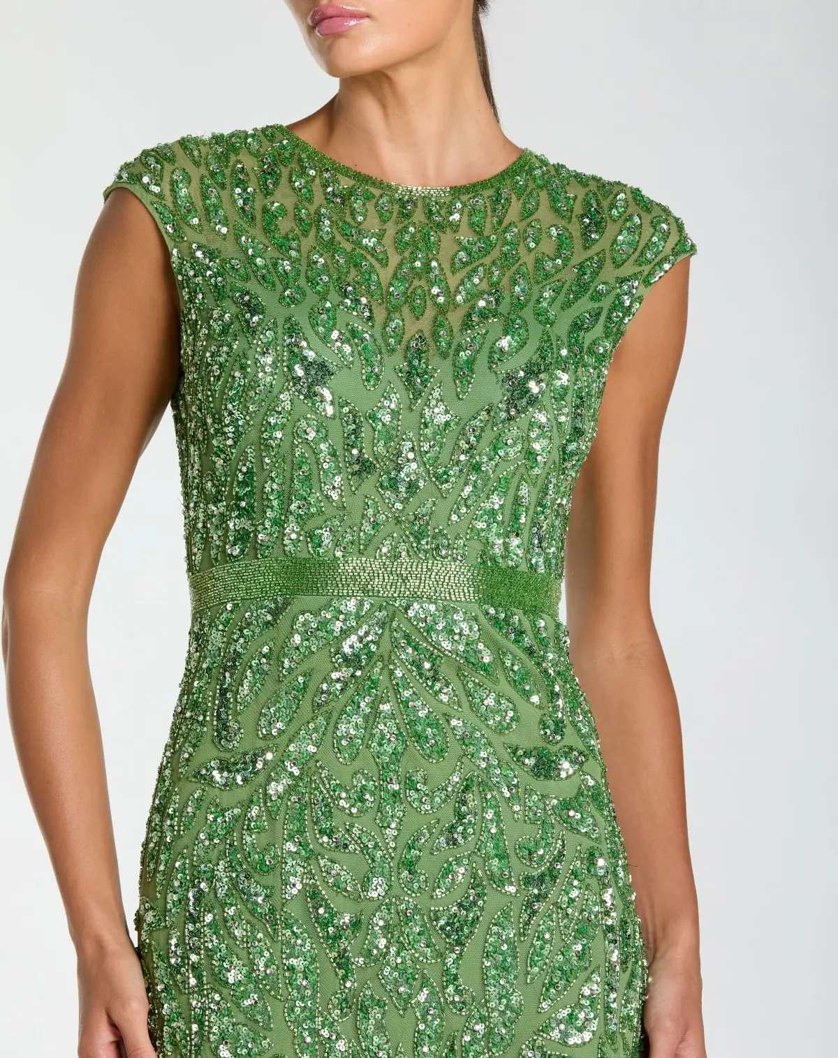 Green Embellished High Neck Cap Sleeve Gown - Image 2