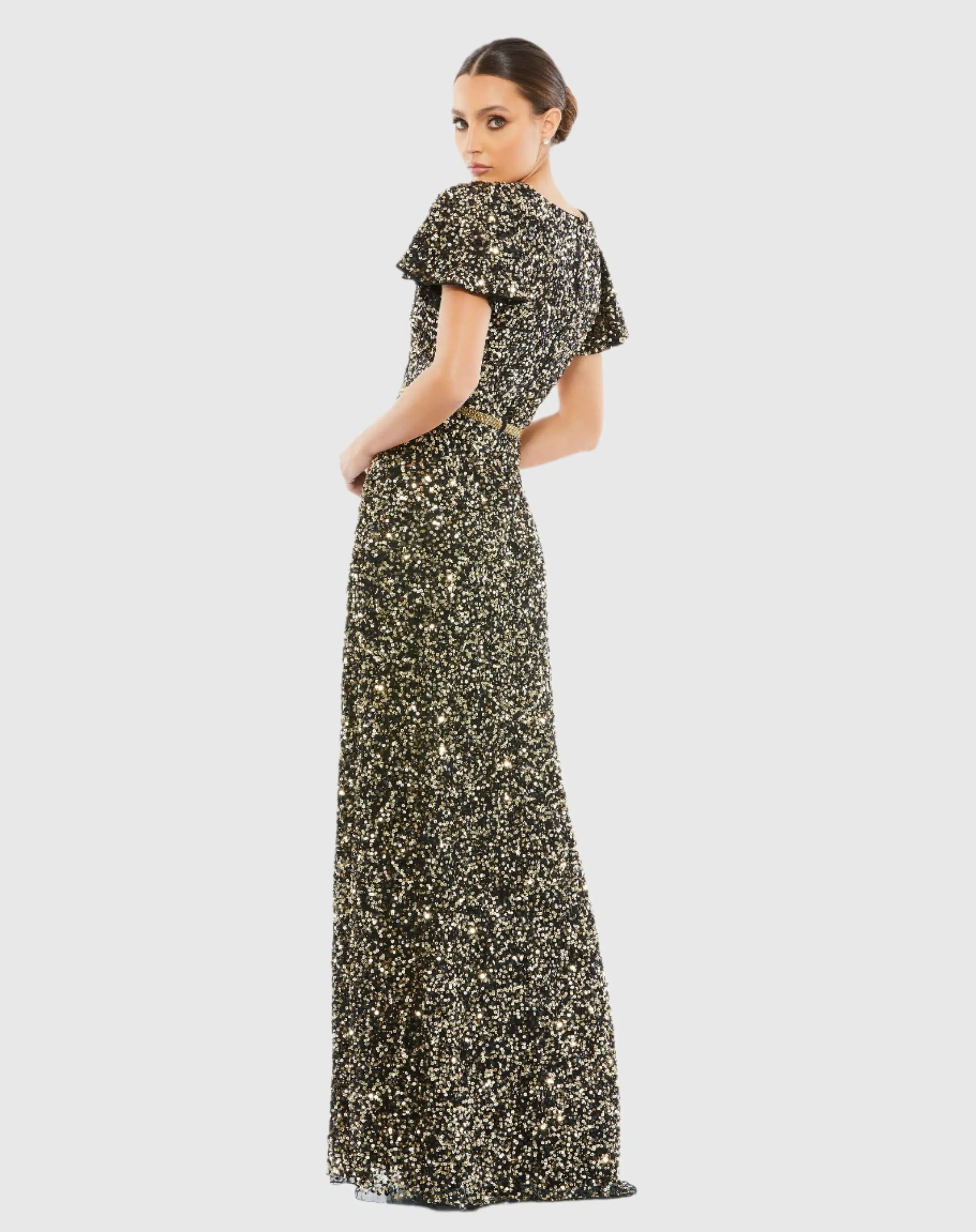 Black and Gold Sequined Wrap Over Butterfly Sleeve Draped Gown - Image 3