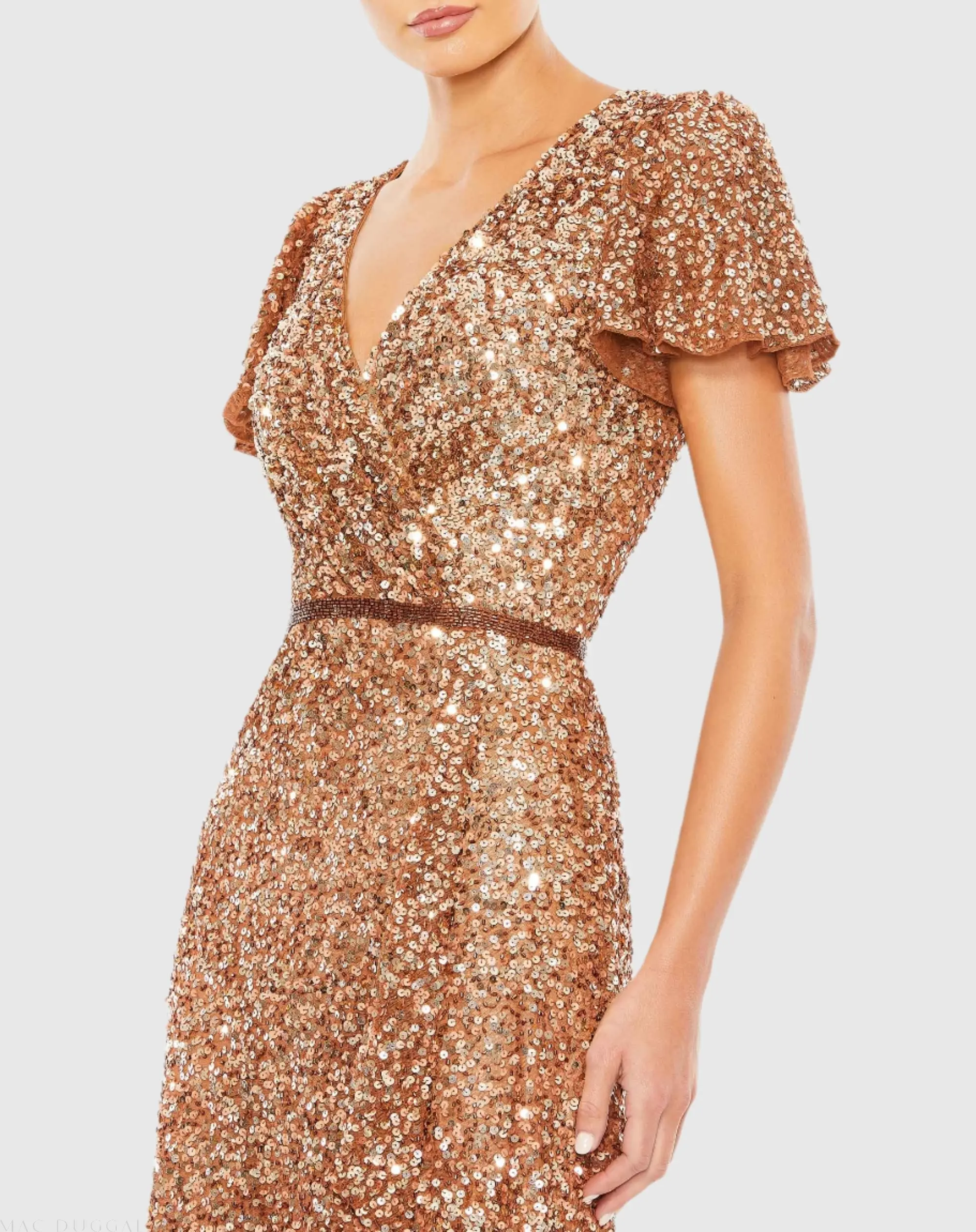 Copper Sequined Wrap Over Butterfly Sleeve Draped Gown - Image 2