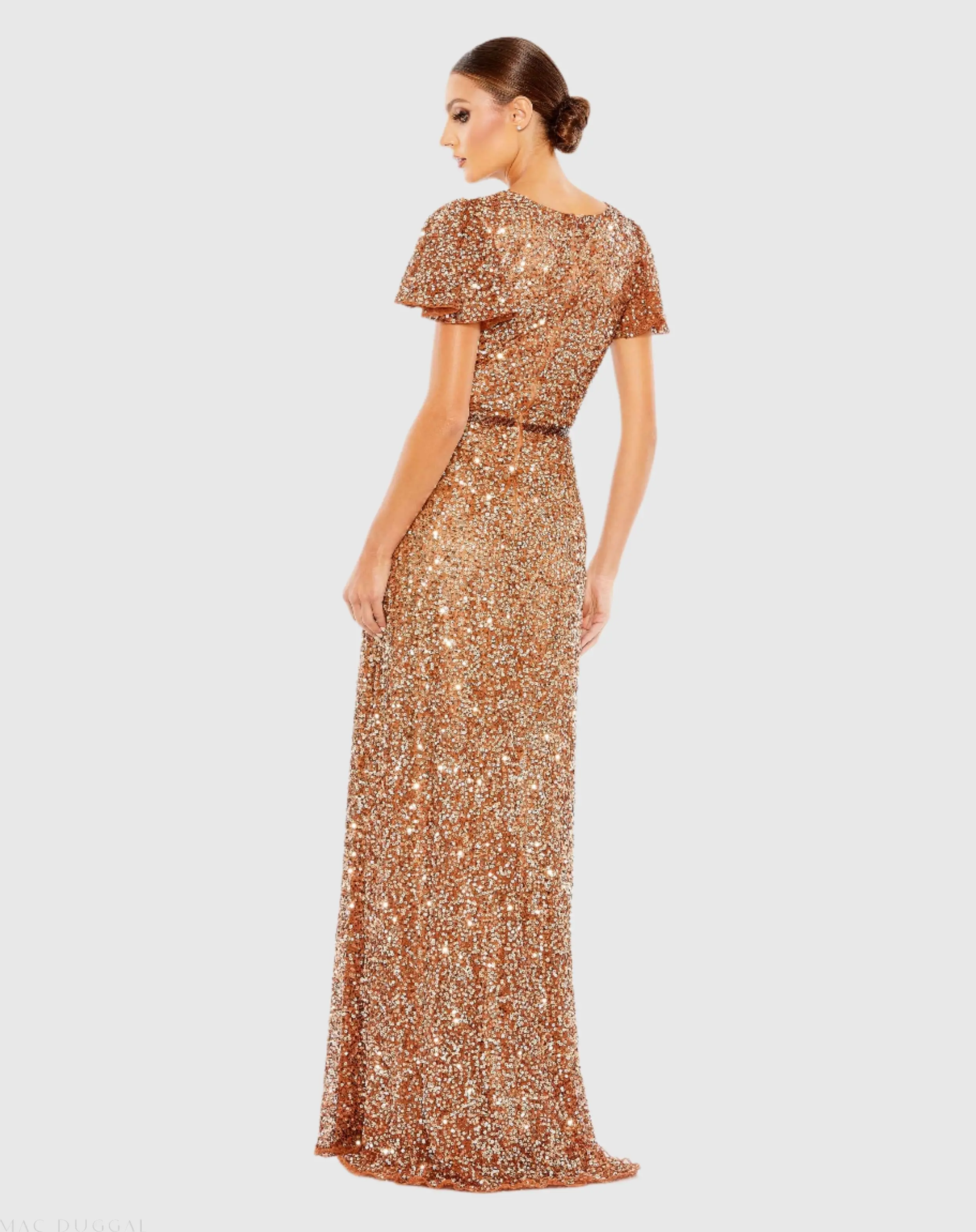 Copper Sequined Wrap Over Butterfly Sleeve Draped Gown - Image 3