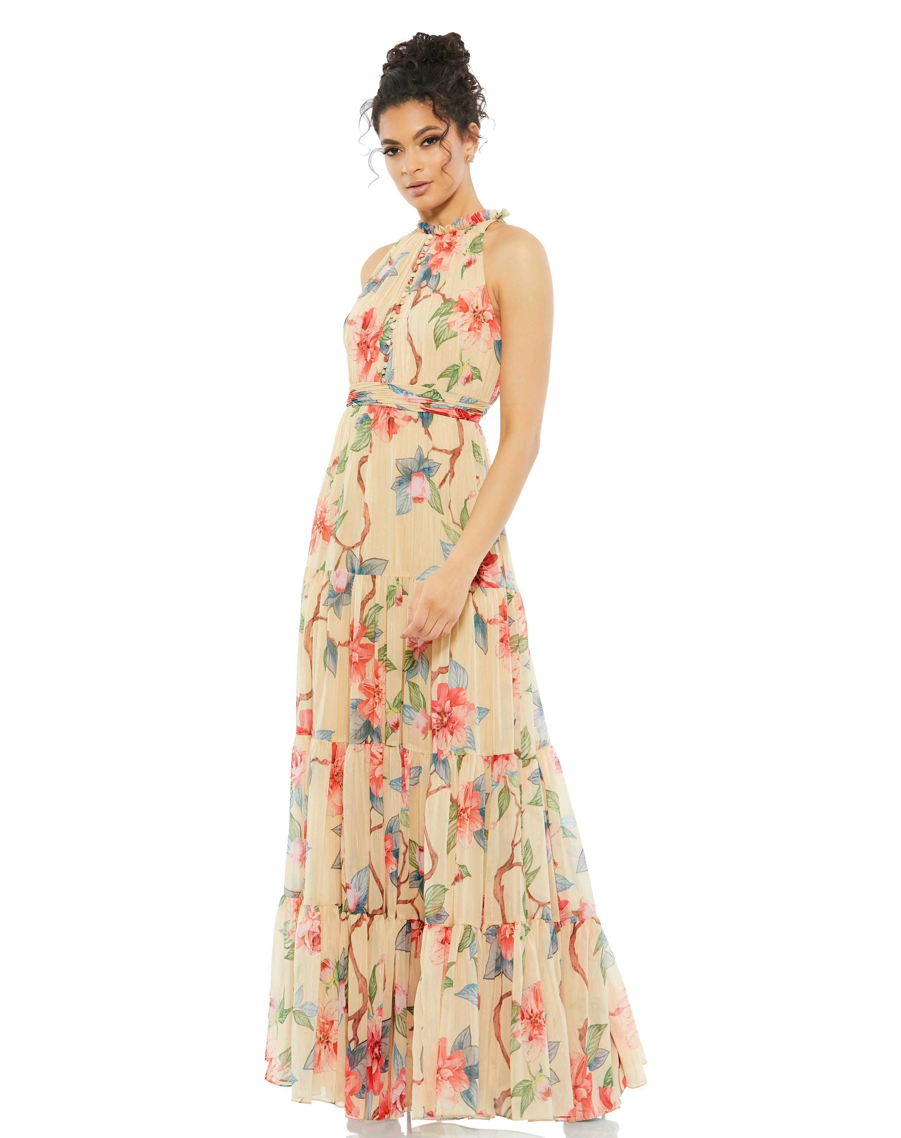 Beige Floral Halter Neck Maxi Dress