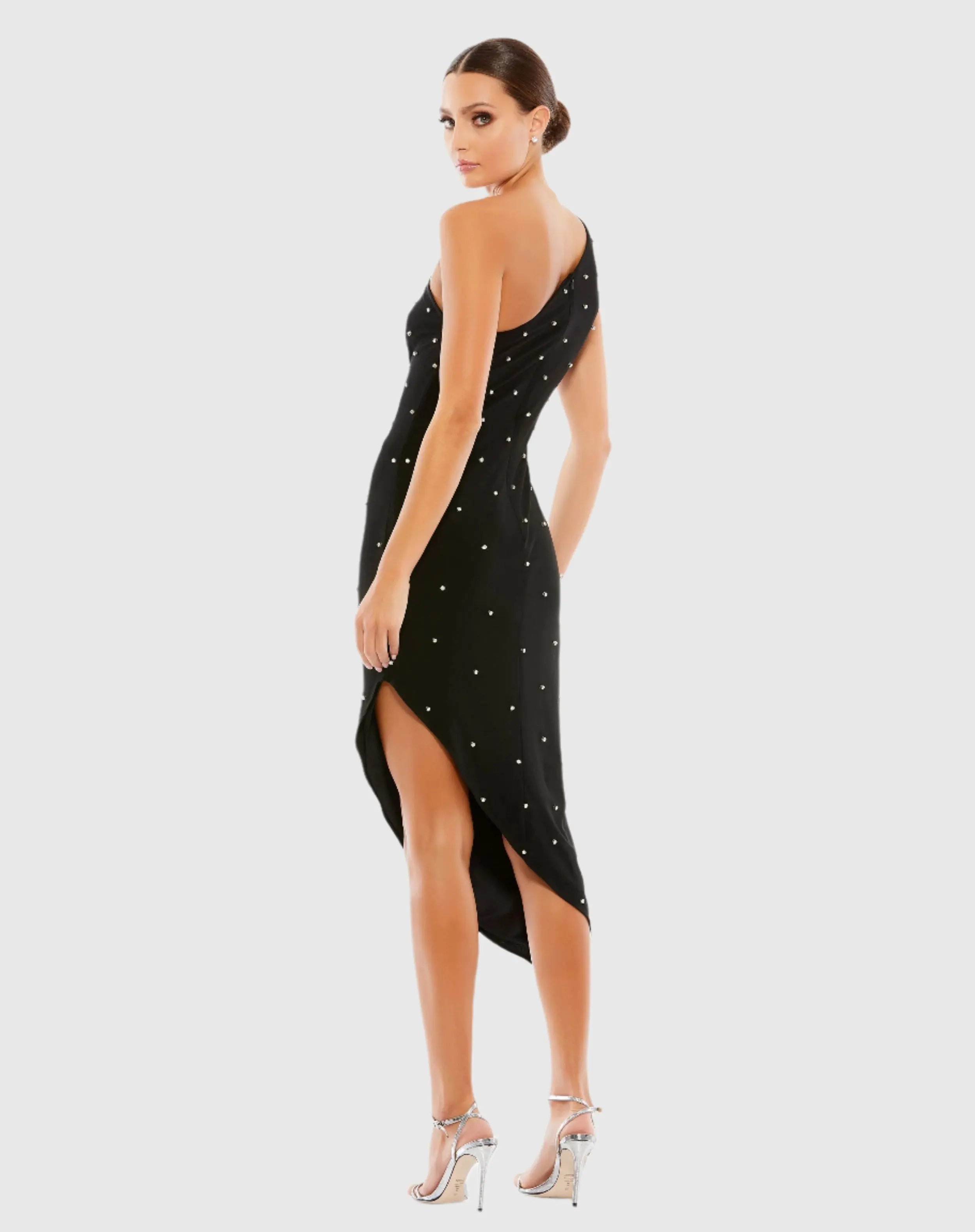 Black Rhinestone One Shoulder Asymmetrical Midi Dress - Image 4