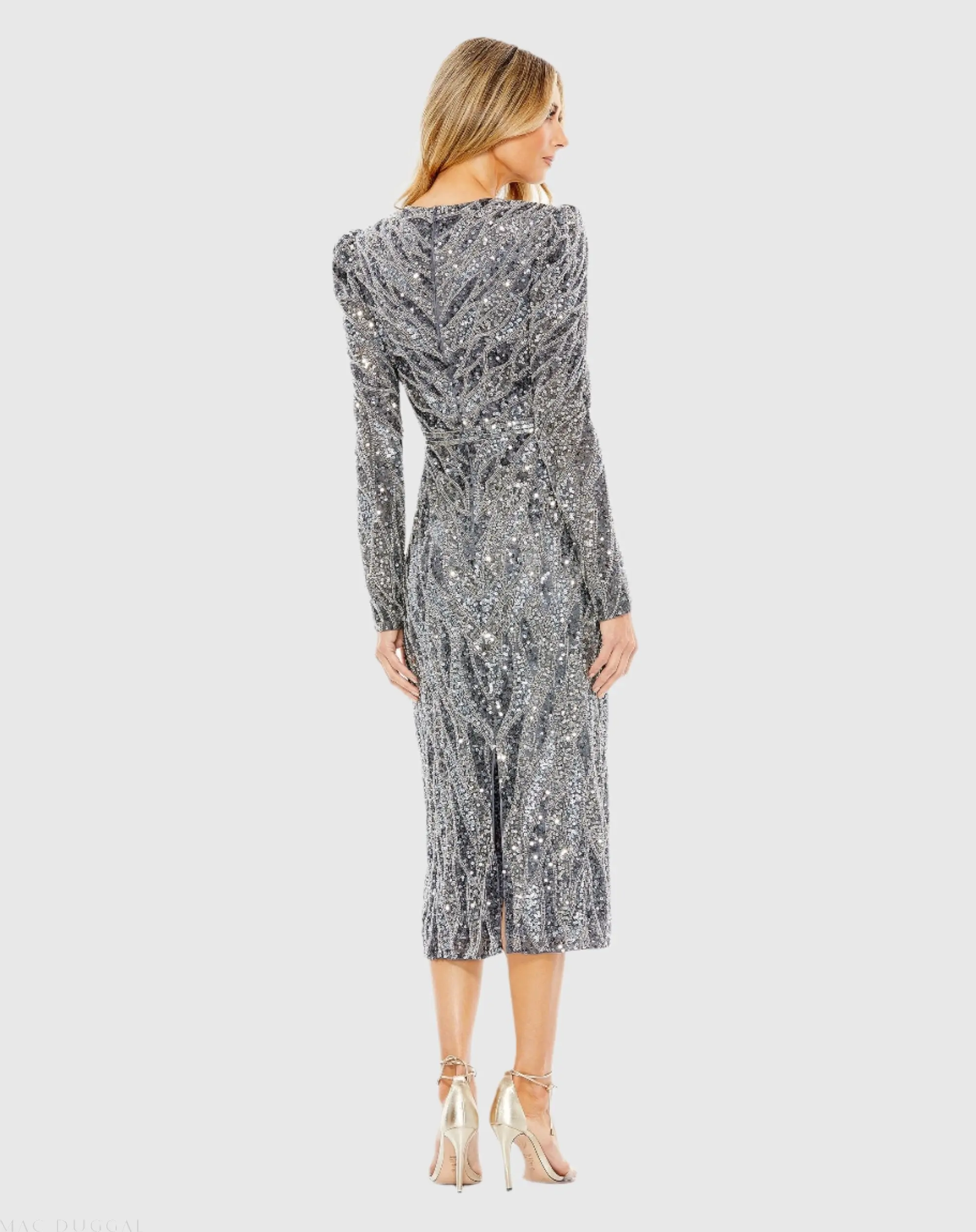 Silver Long Sleeve V Neck Beaded Cocktail Dress - Image 3