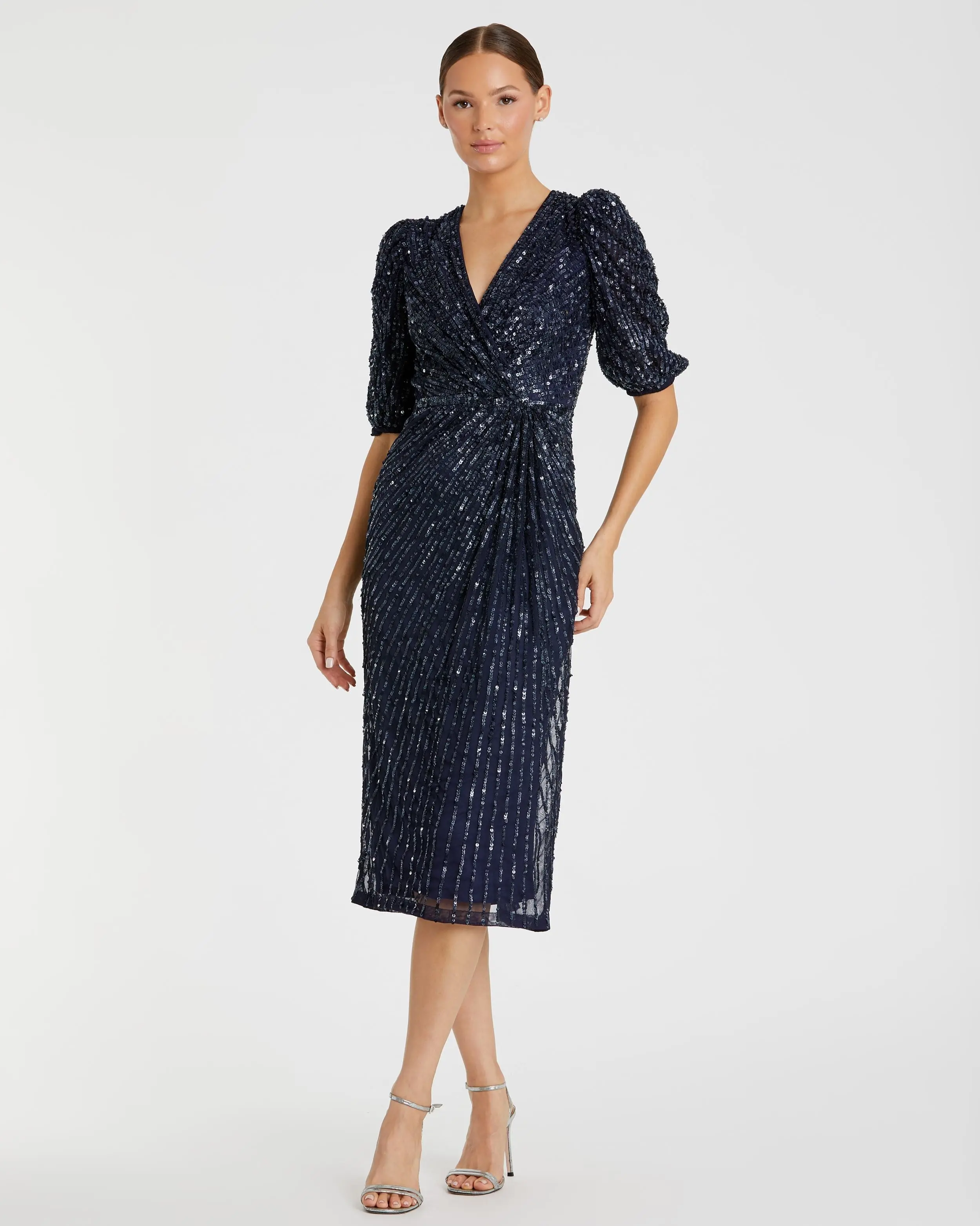 Navy Sequined V-Neck Short Puff Sleeve Midi Dress - FINAL SALE