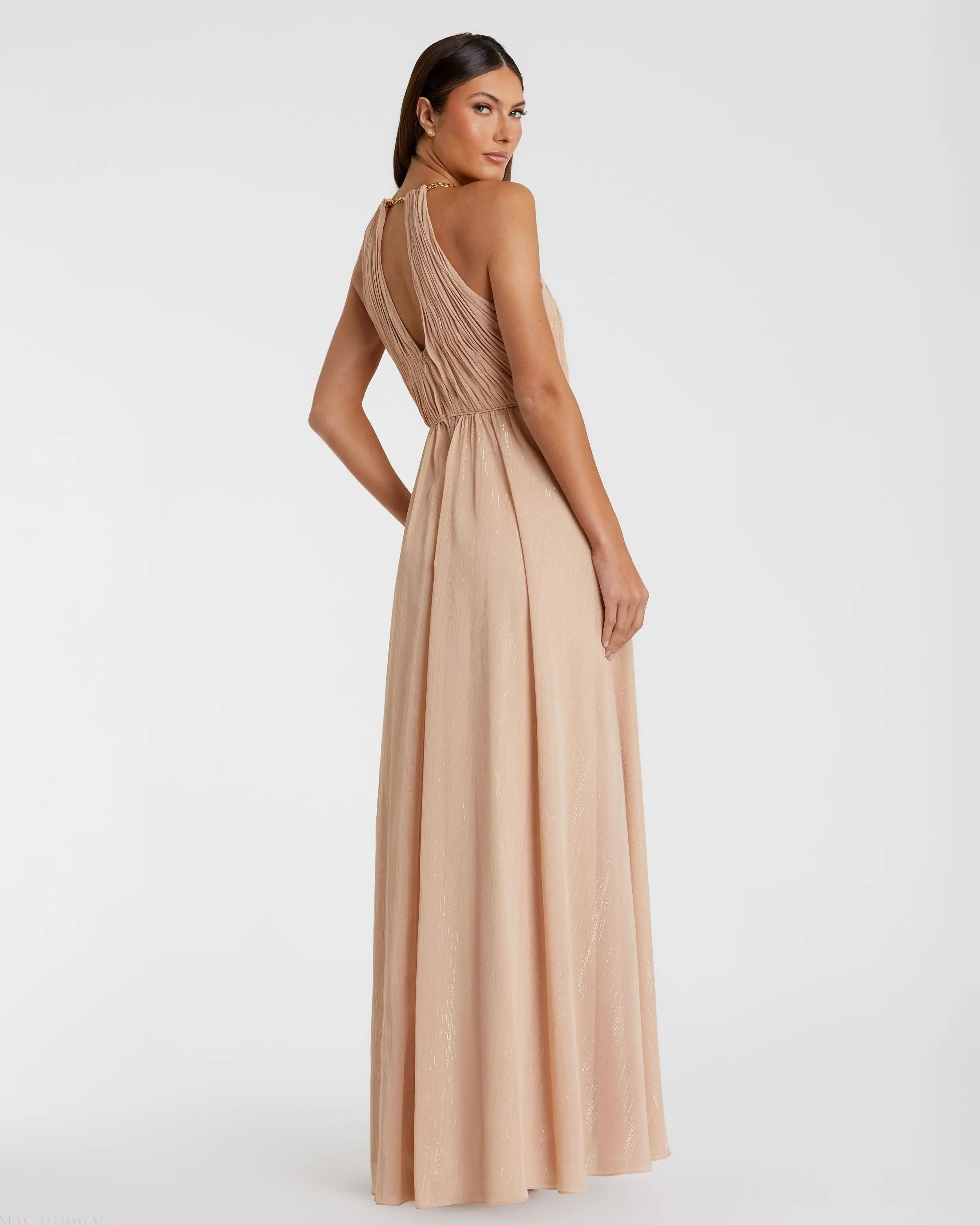 Beige Chain Trim Keyhole Halter Neck A Line Gown - Image 3
