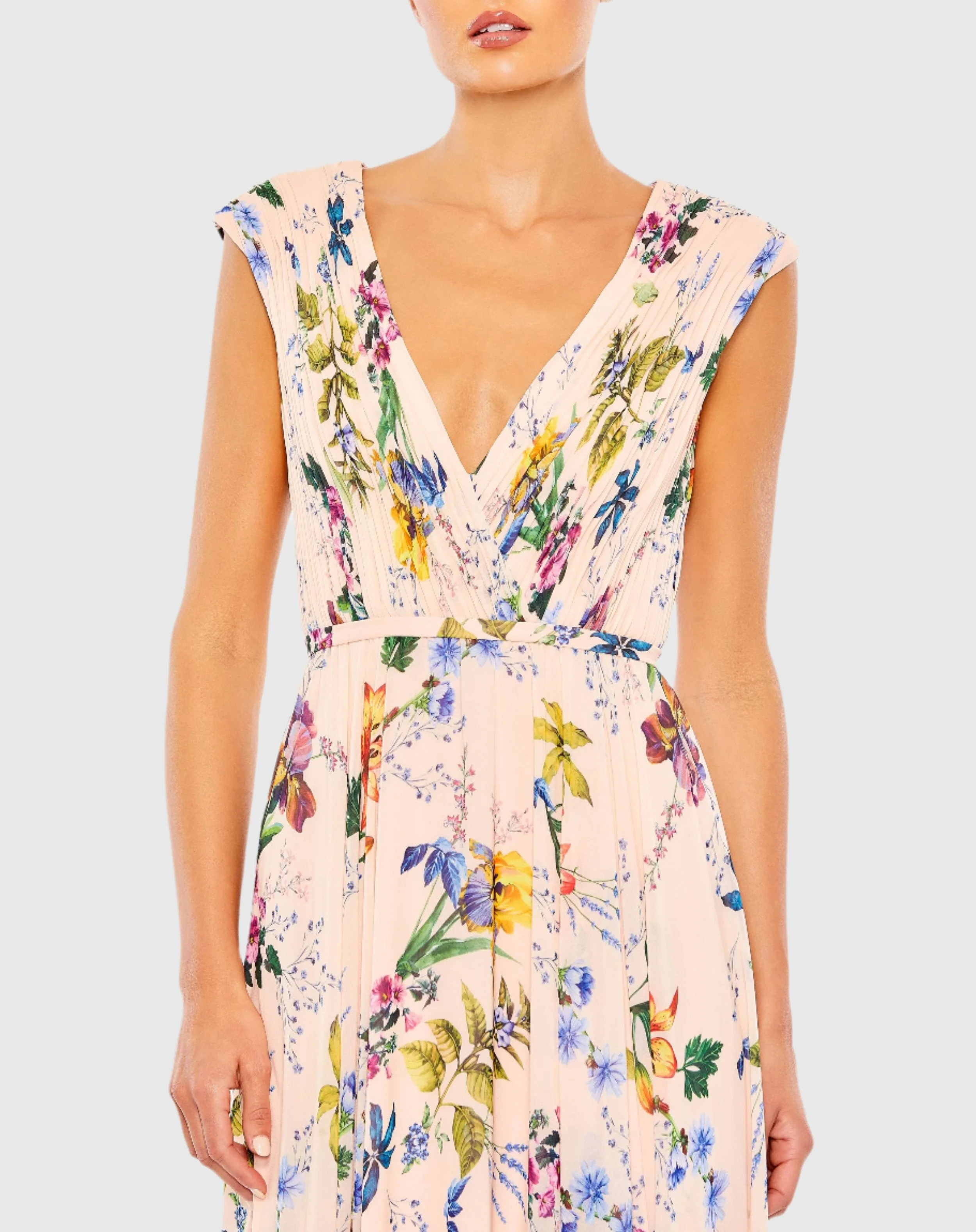 Pink Multicolor Pleated Floral Cap Sleeve A Line Gown - Image 2