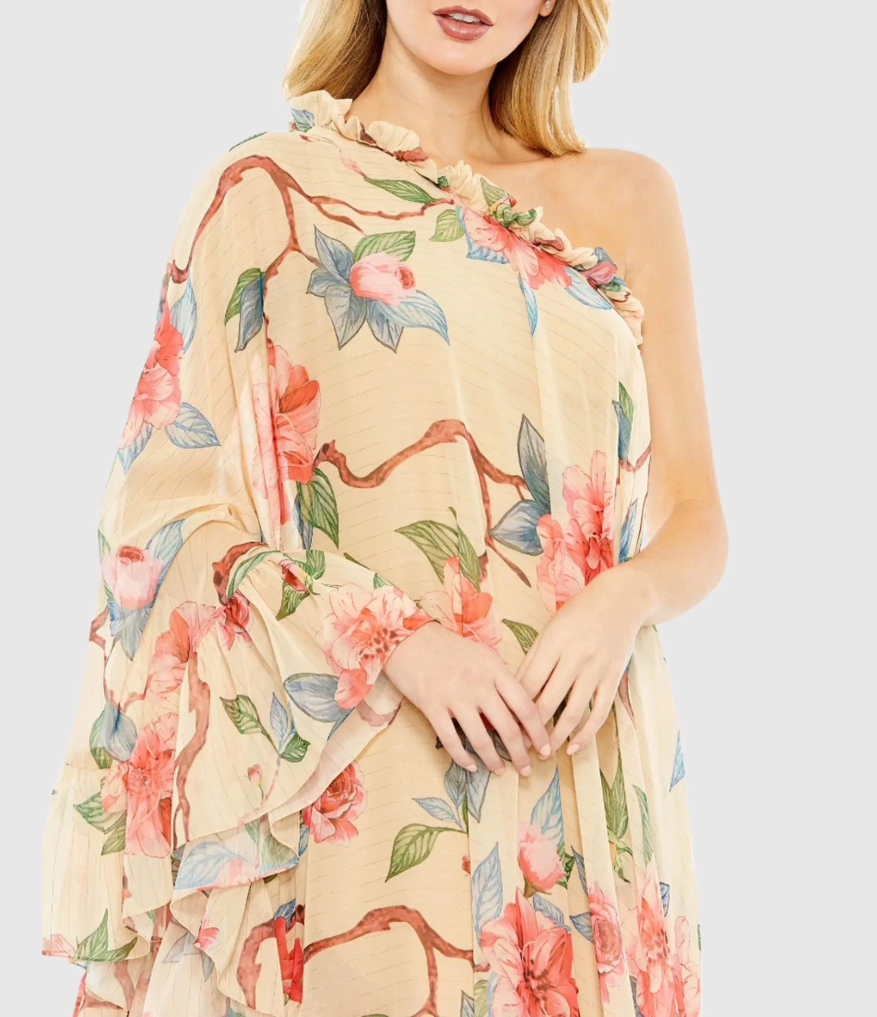 Beige Floral Print One Shoulder Cape Dress - Image 2