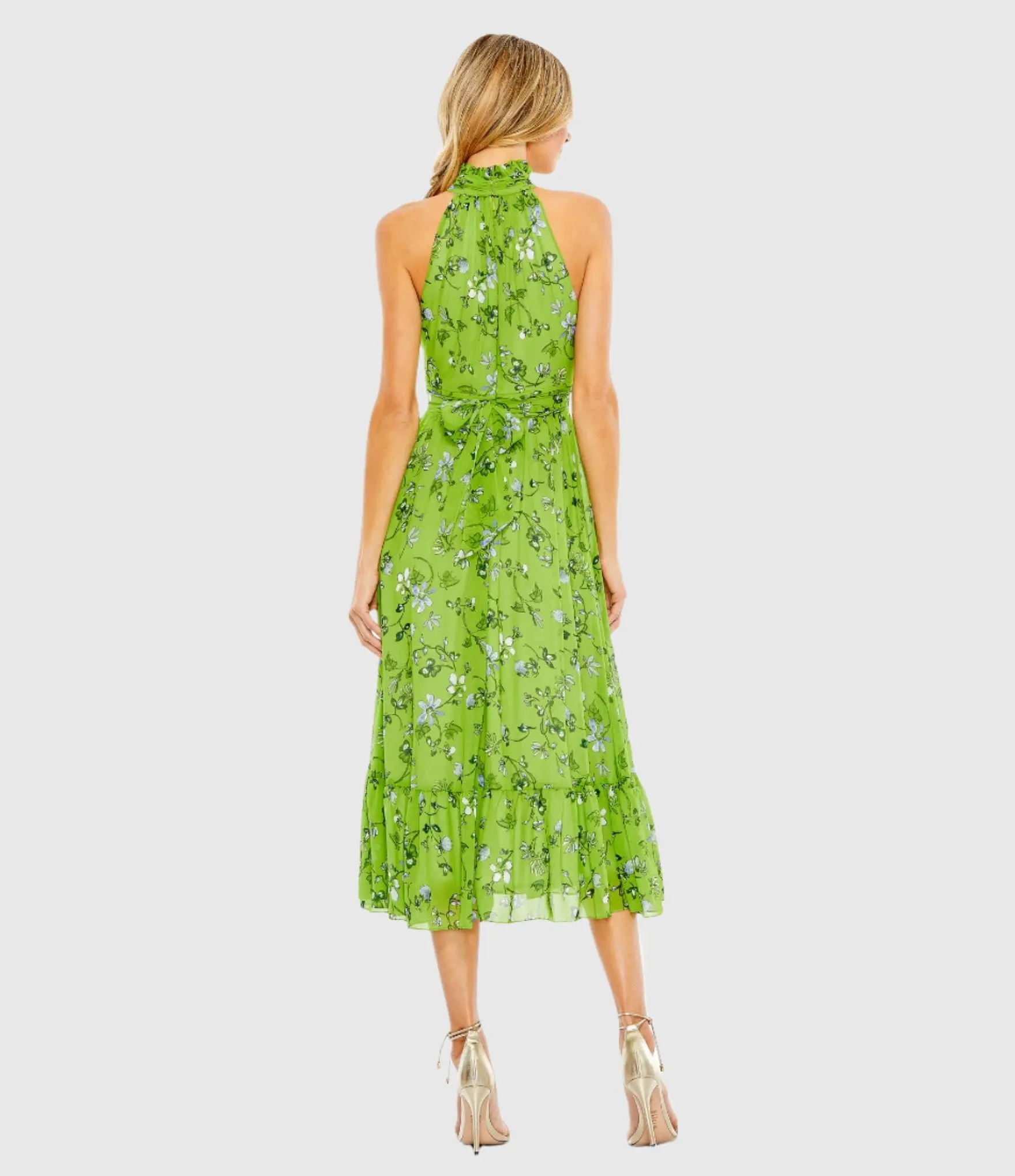 Green Floral Print High-Neck A-Line Midi Dress - Image 3