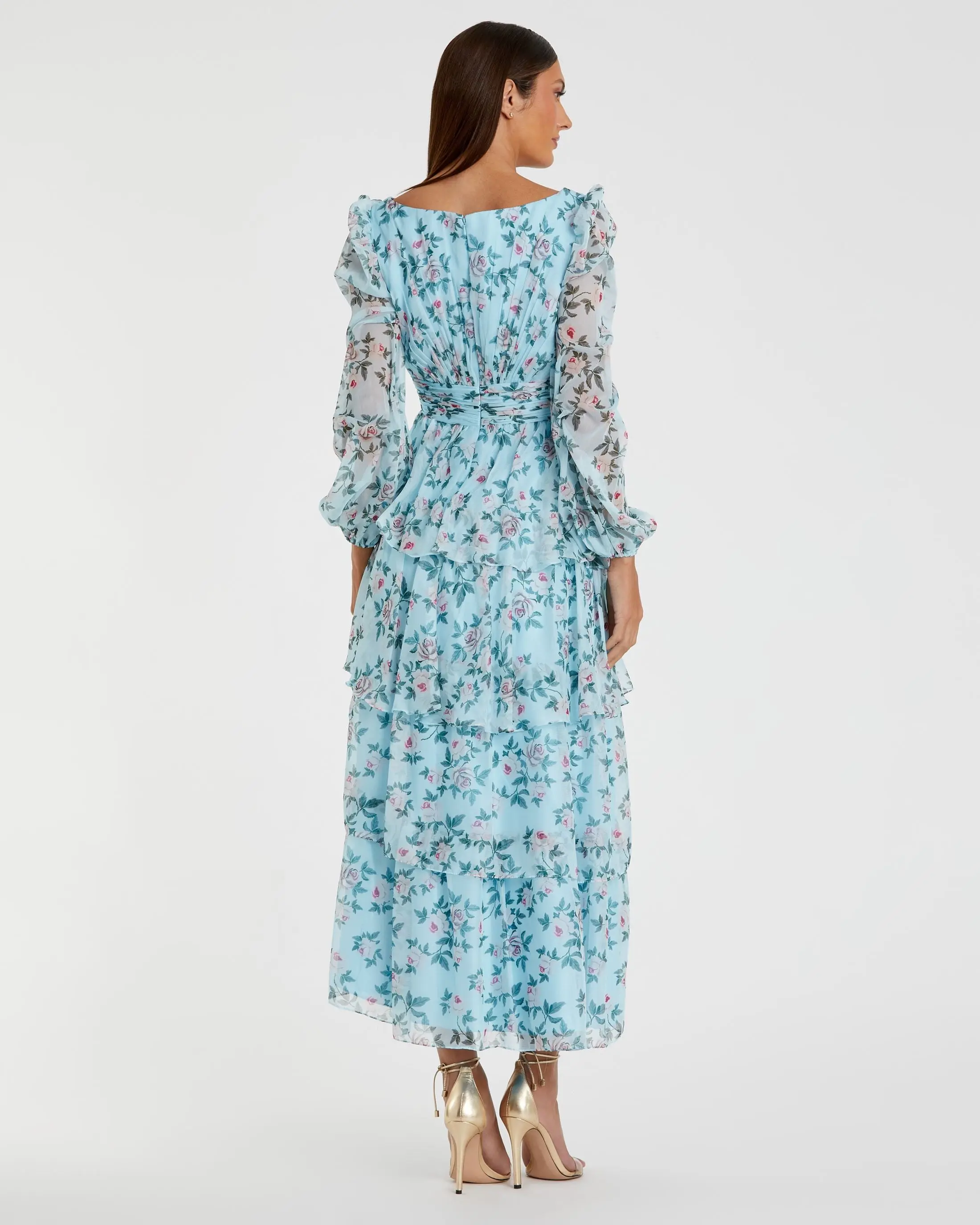 Blue Puff Sleeve Floral Printed Dress - Image 3