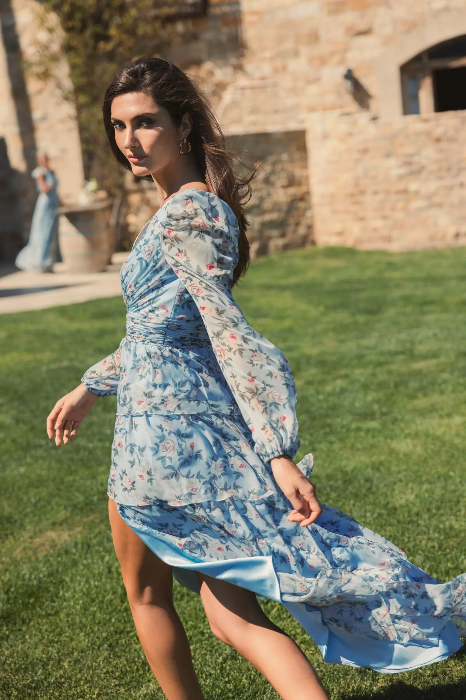 Blue Puff Sleeve Floral Printed Dress - Image 6