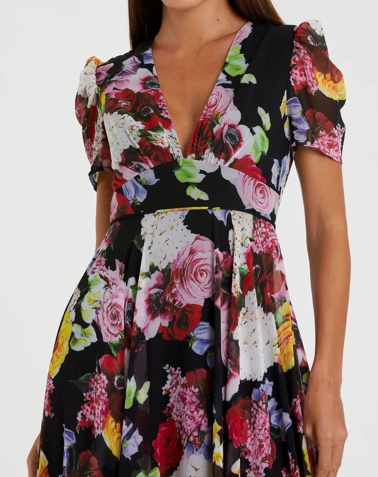 Black Floral Print Mesh Short Sleeve Gown - Image 2