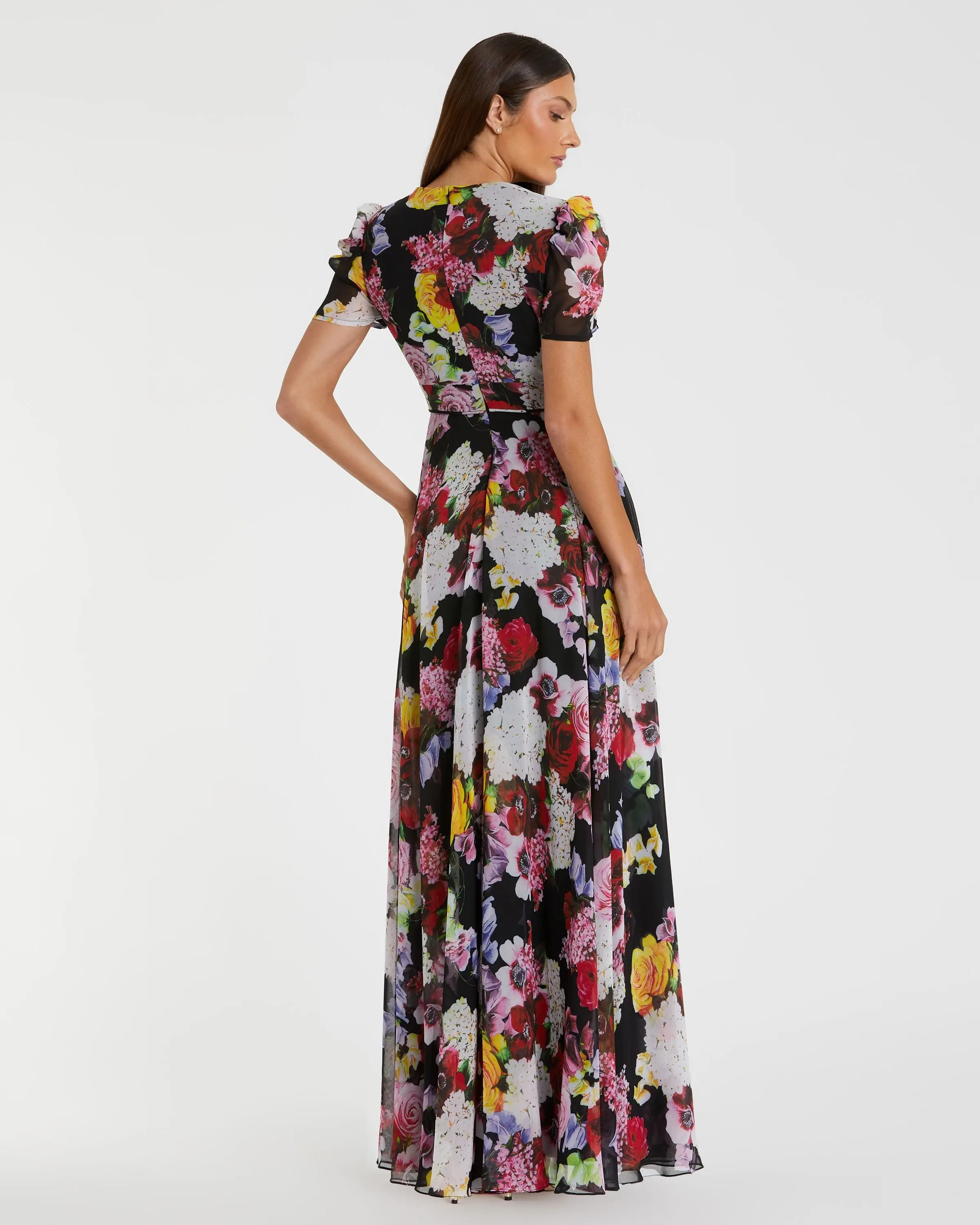 Black Floral Print Mesh Short Sleeve Gown - Image 3