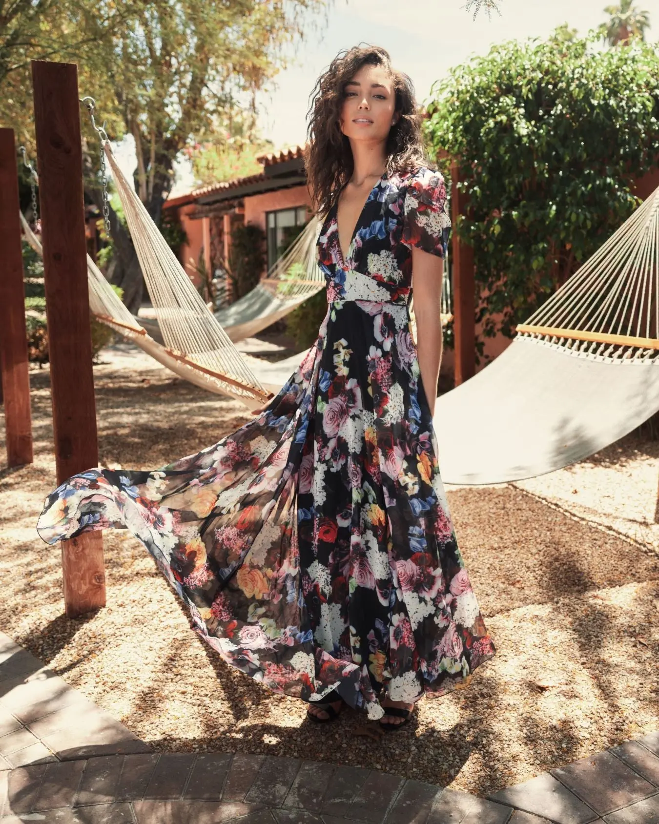 Black Floral Print Mesh Short Sleeve Gown - Image 4