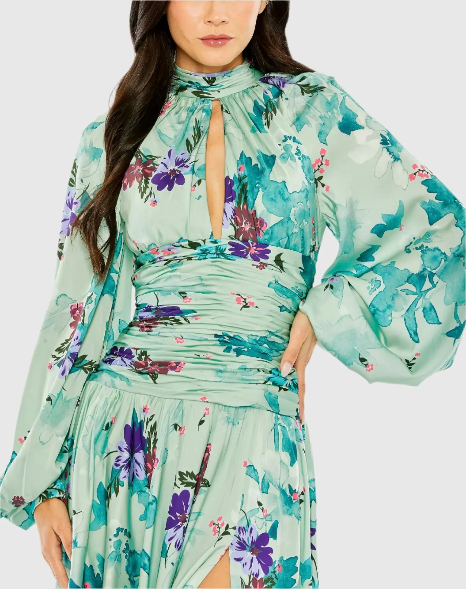 Green Keyhole Satin Long Sleeve Floral Dress - Image 2