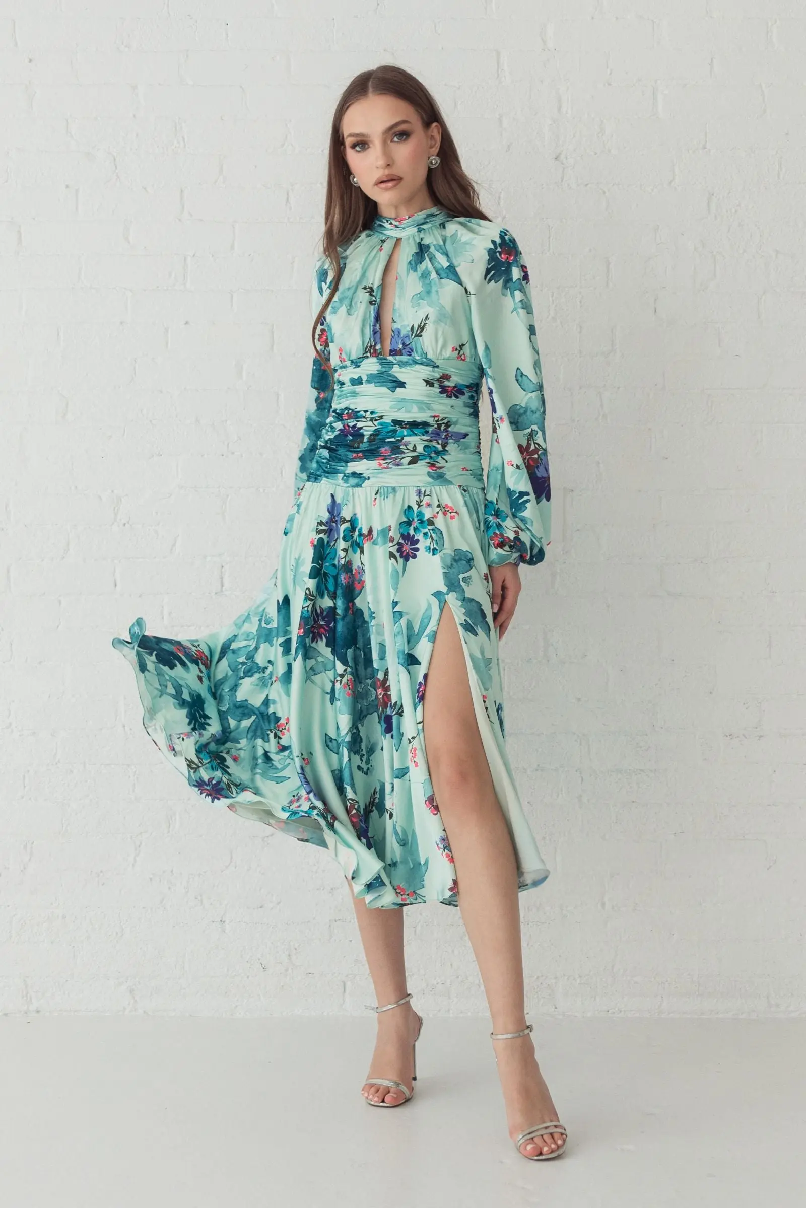 Green Keyhole Satin Long Sleeve Floral Dress - Image 6