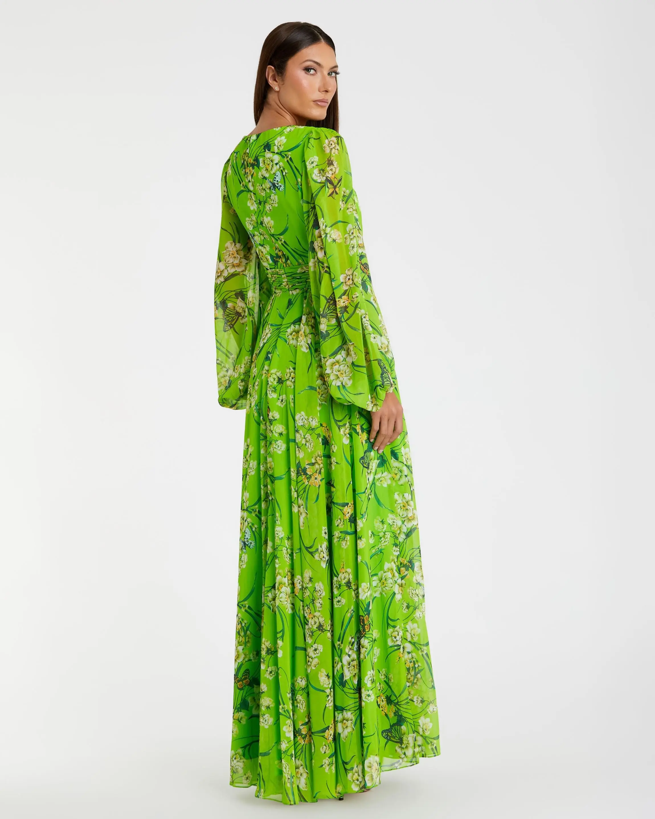 Green Puff Sleeve Floral Chiffon Gown - Image 3