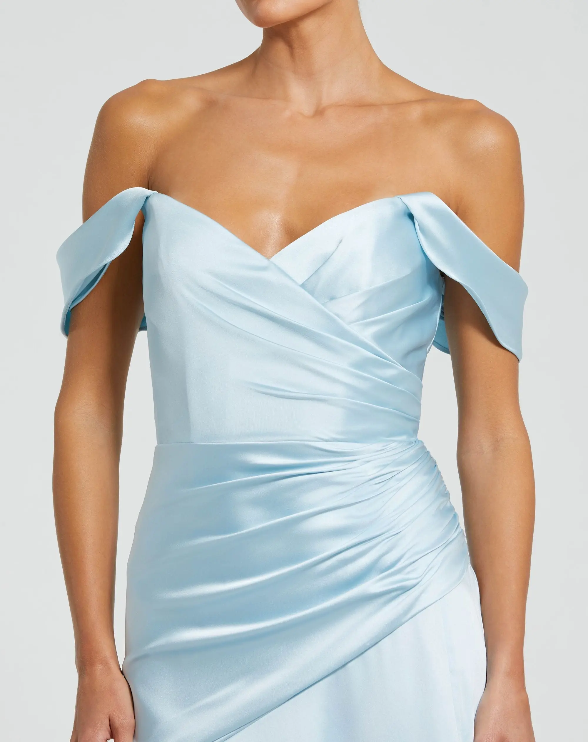 Blue Satin Off The Shoulder Crossover Gown - Image 2