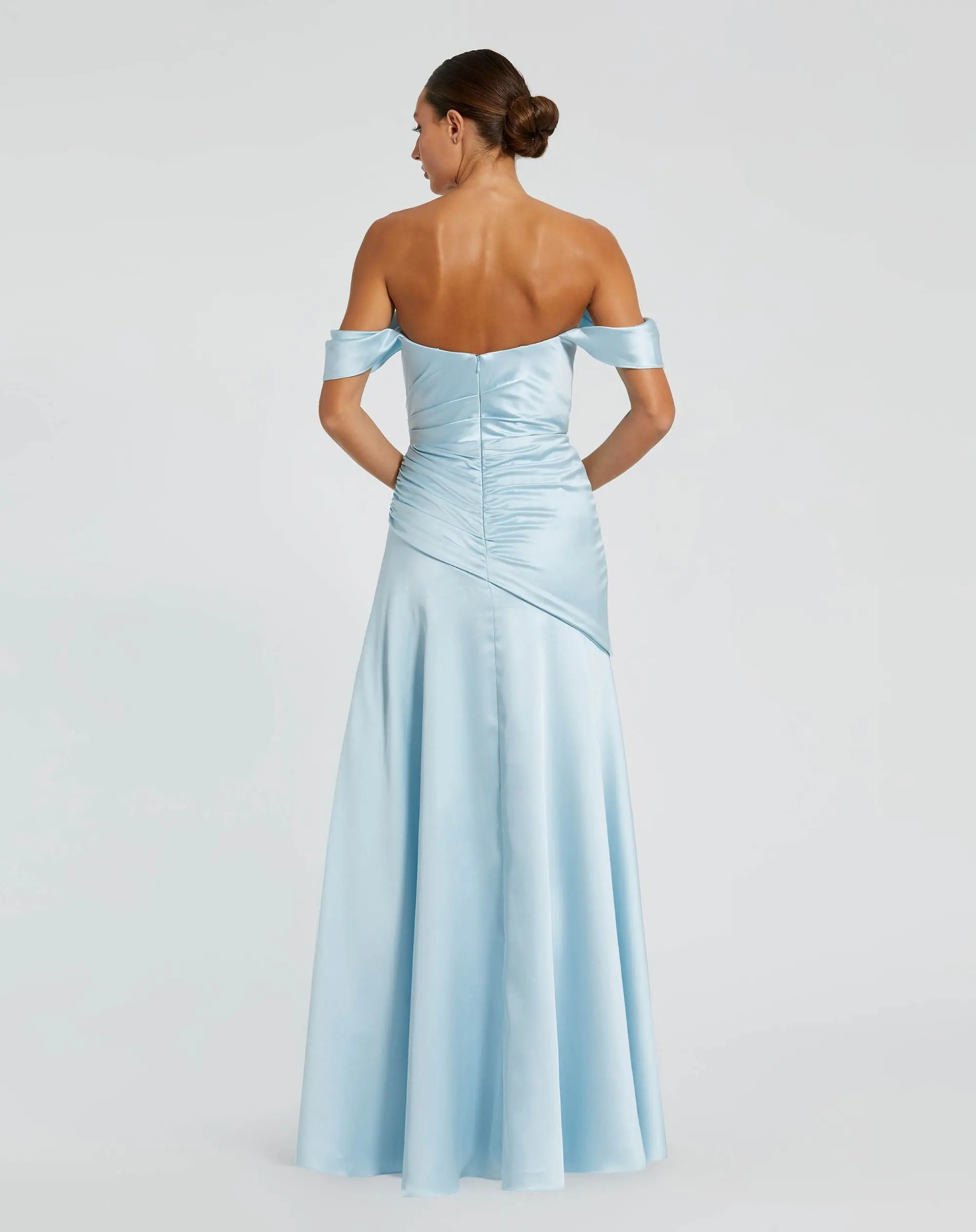 Blue Satin Off The Shoulder Crossover Gown - Image 3