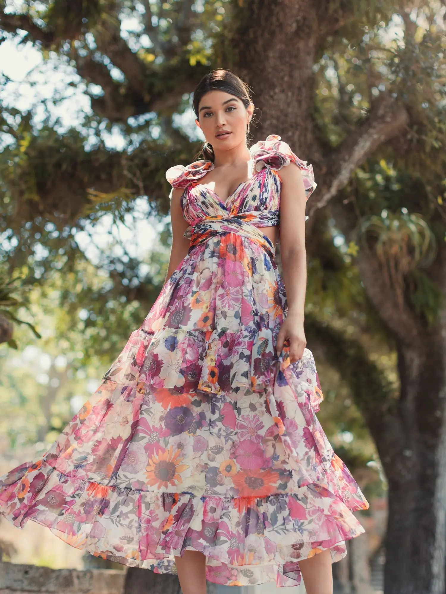 White Floral Chiffon Ruffle Tiered Cut-Out Midi Dress - Image 6