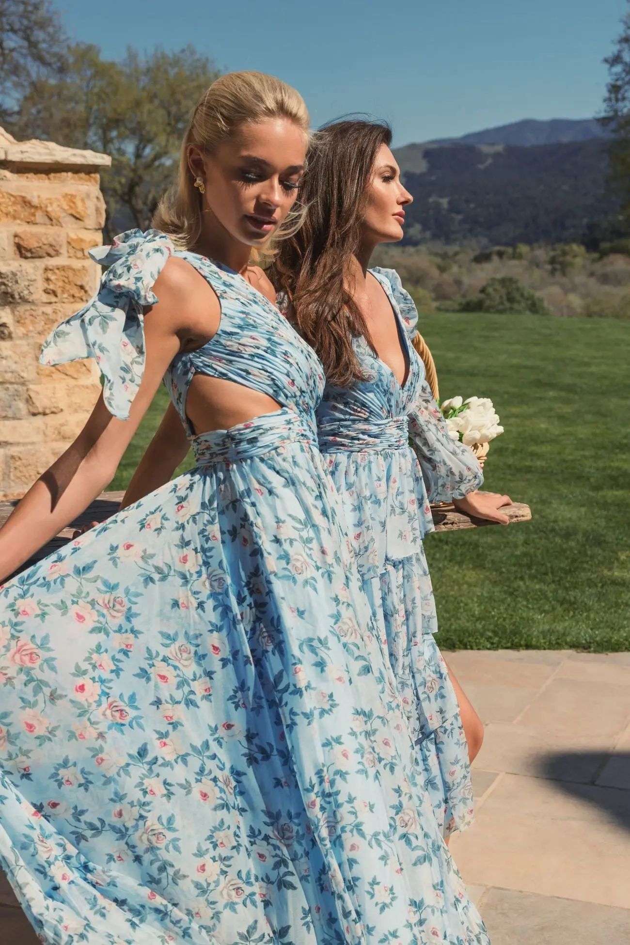 Blue Floral Chiffon One Shoulder Gown - Image 5