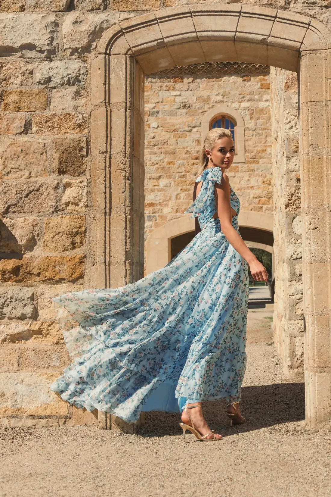 Blue Floral Chiffon One Shoulder Gown - Image 6