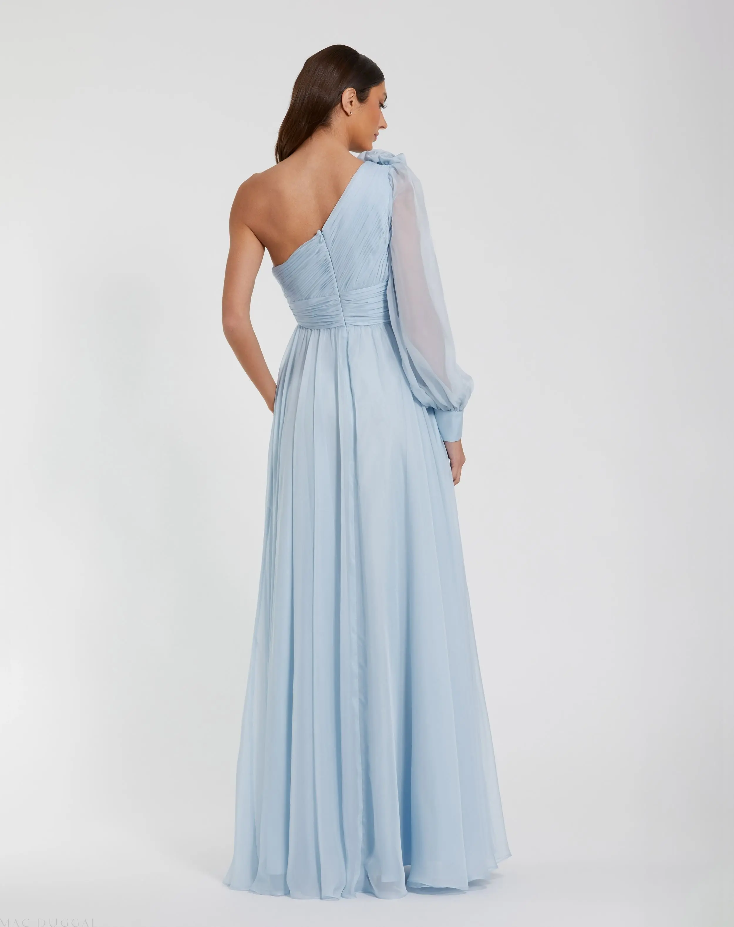 Blue One Sleeve A-Line Chiffon Gown With 3D Flowers - Image 3