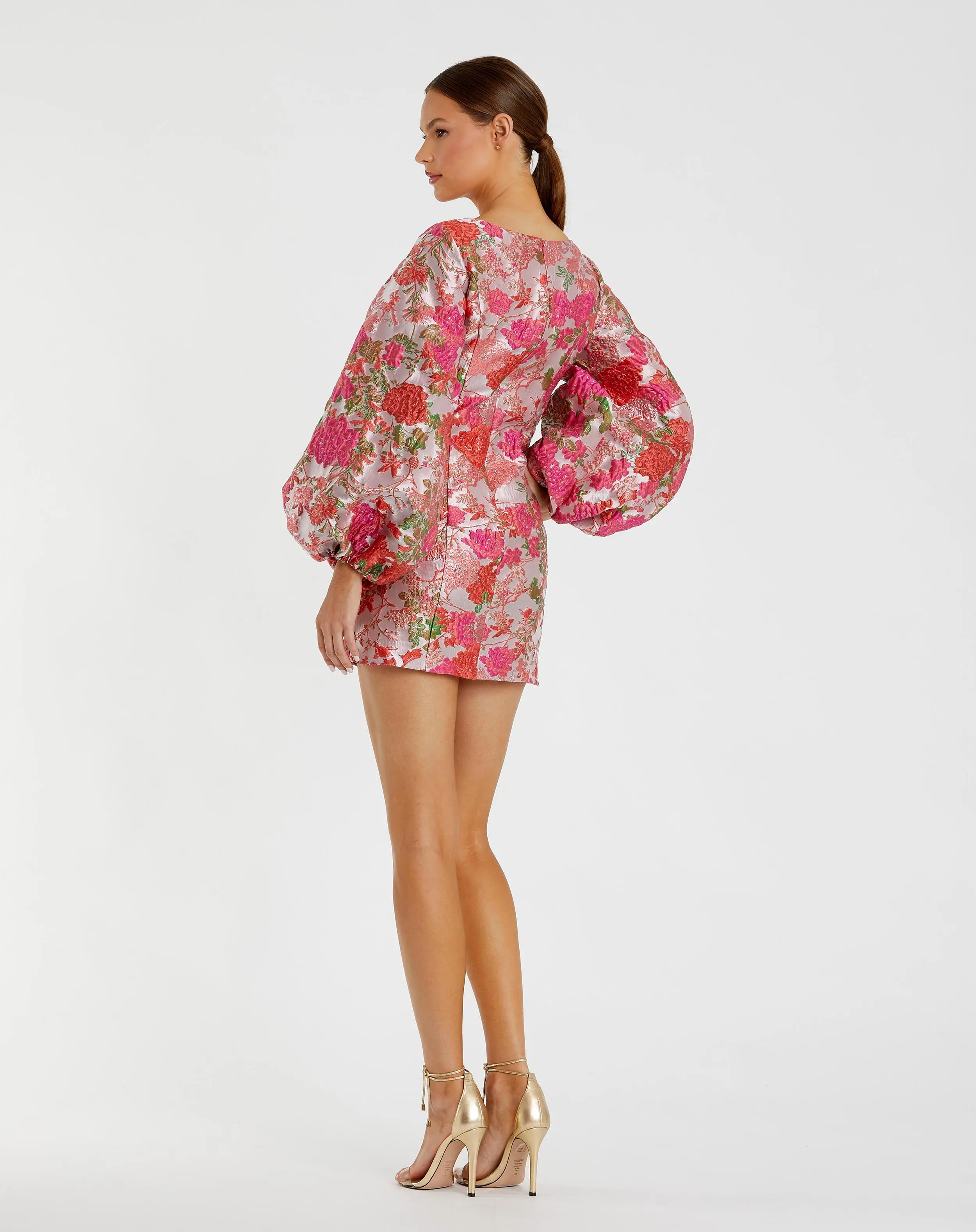 Pink Floral Brocade Balloon Sleeve Mini Dress - Image 3
