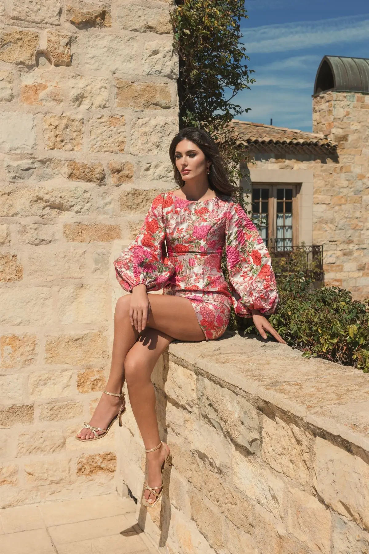 Pink Floral Brocade Balloon Sleeve Mini Dress - Image 6