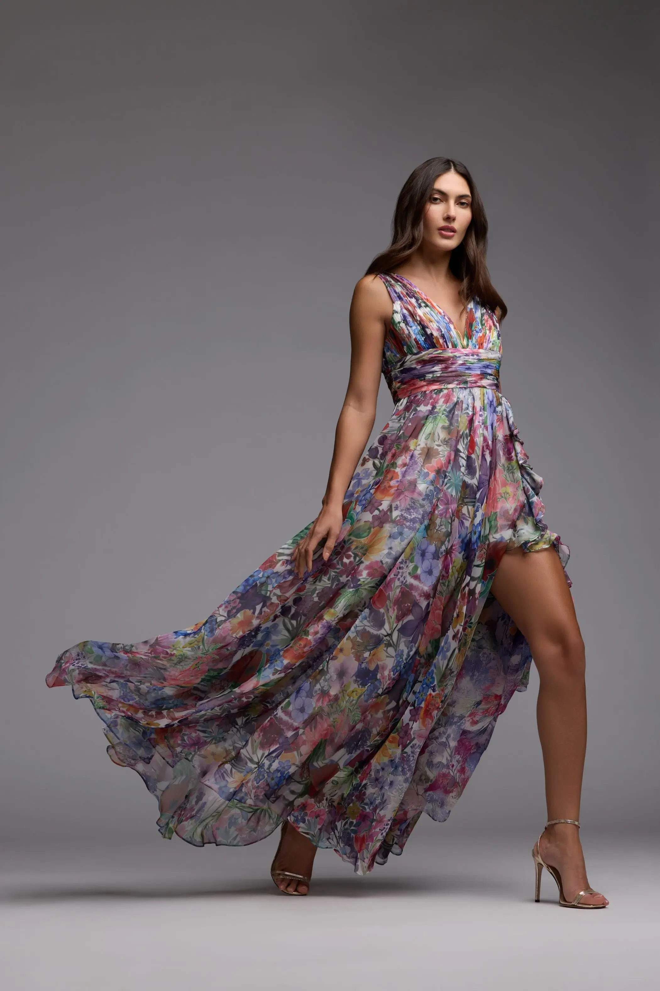 Multicolor Floral Chiffon Gown with Ruffle Slit - Image 4
