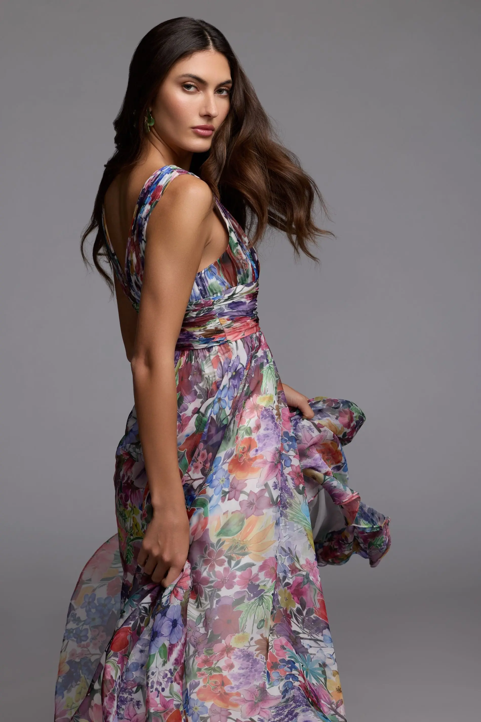 Multicolor Floral Chiffon Gown with Ruffle Slit - Image 6