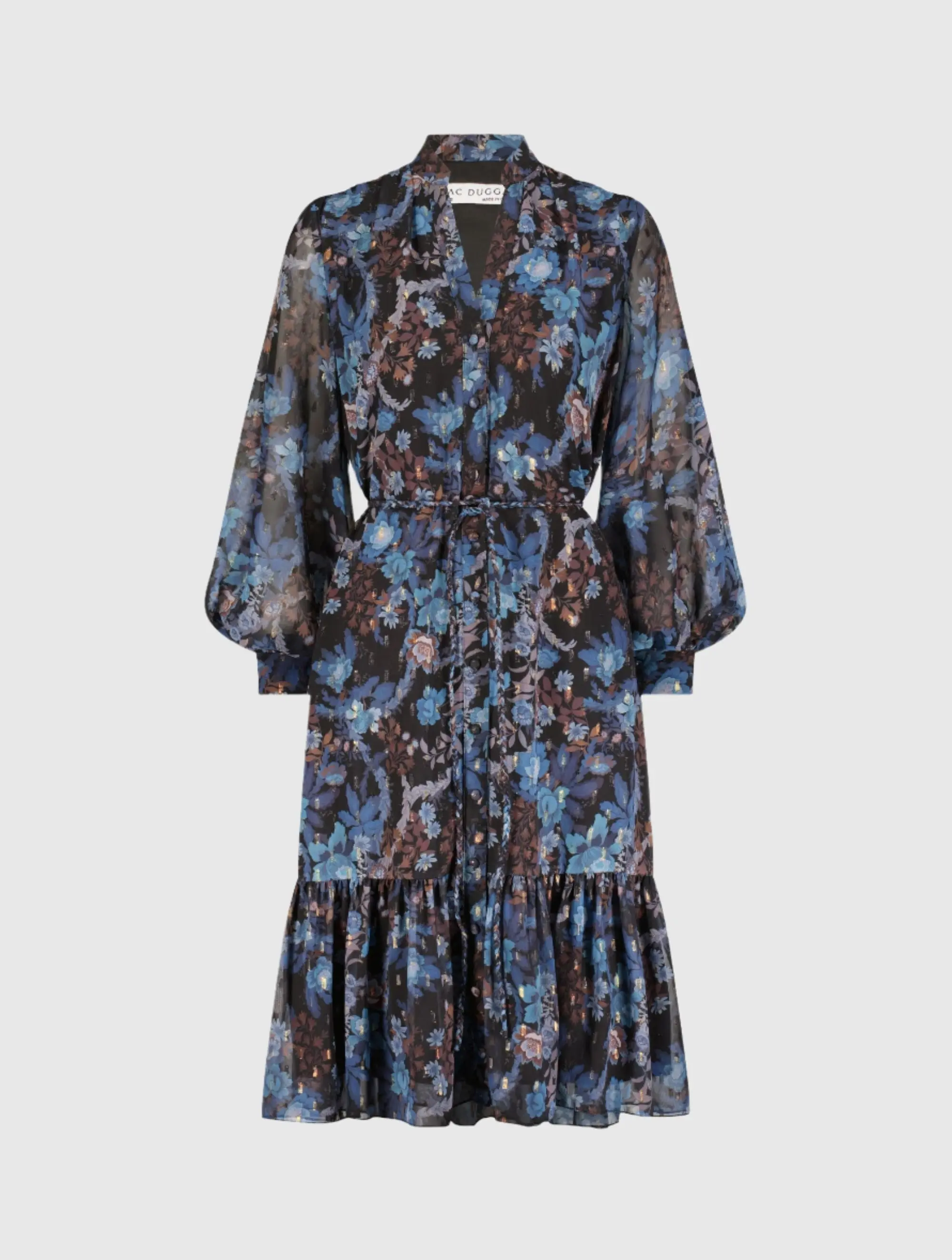 Blue Lurex Chiffon Bishop Sleeve Button Up Midi Dress - Image 2