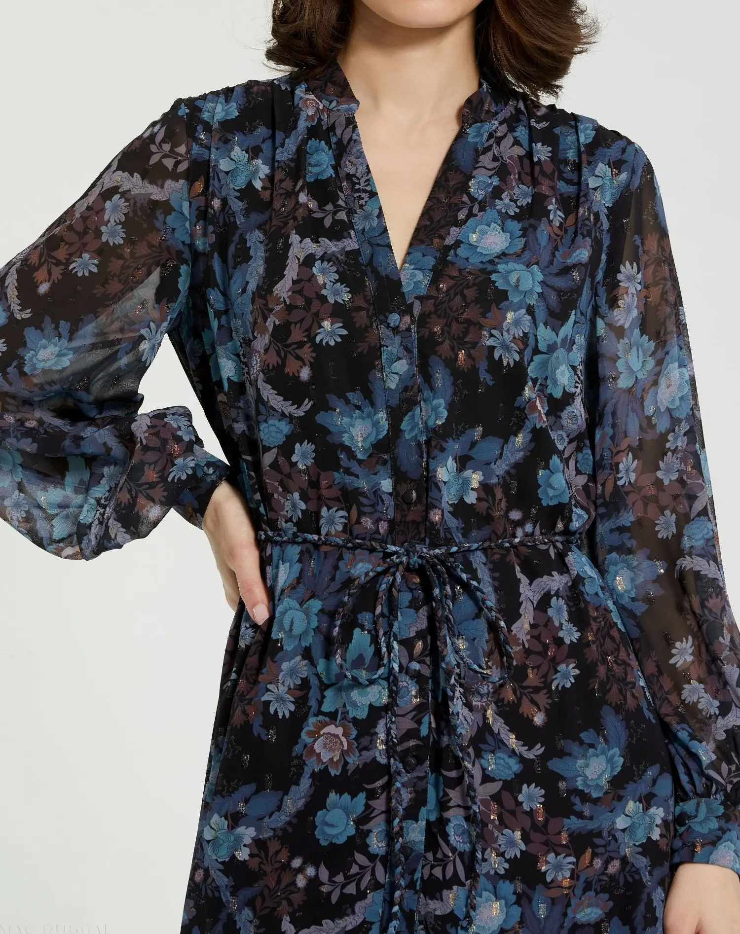 Blue Lurex Chiffon Bishop Sleeve Button Up Midi Dress - Image 3