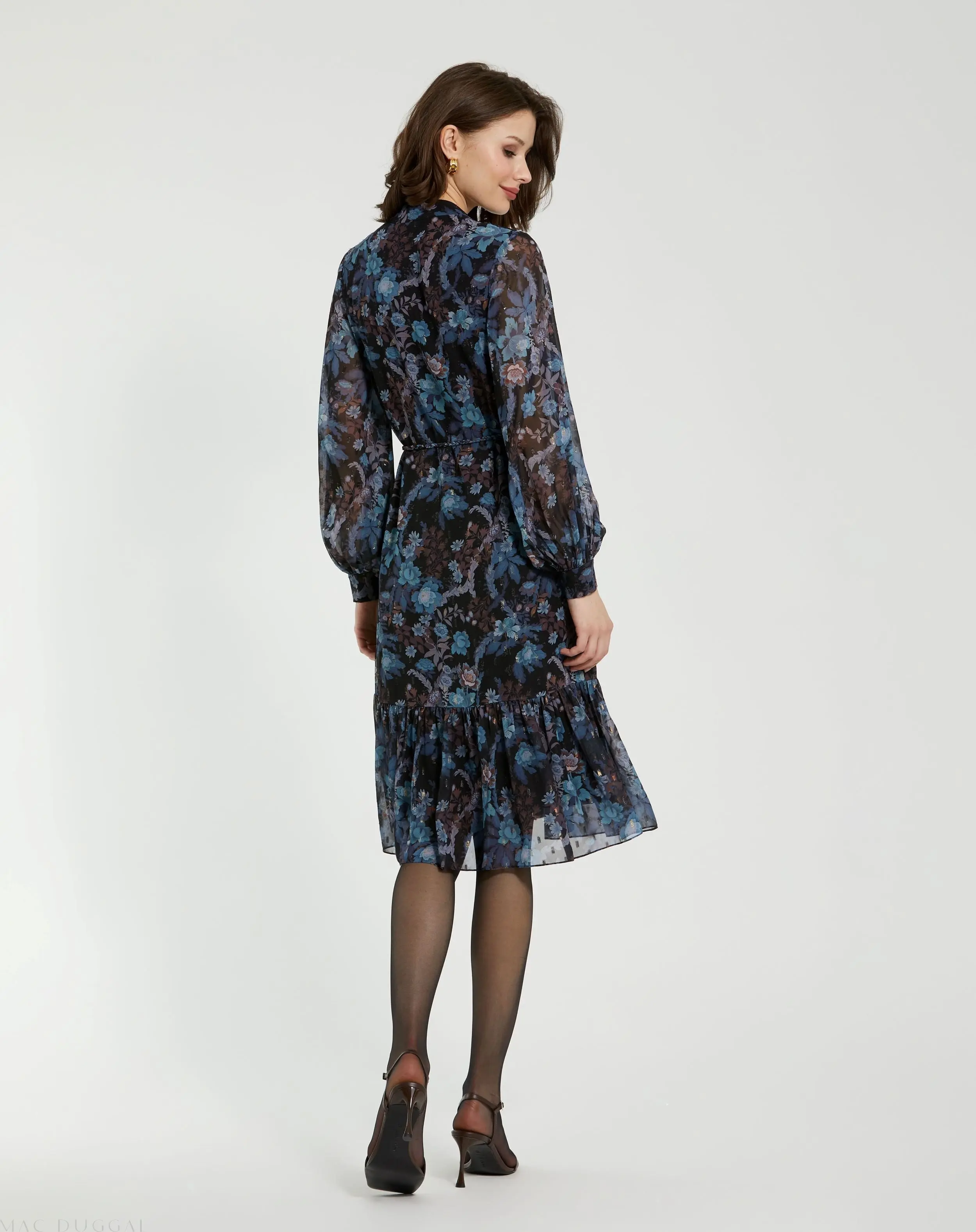 Blue Lurex Chiffon Bishop Sleeve Button Up Midi Dress - Image 4