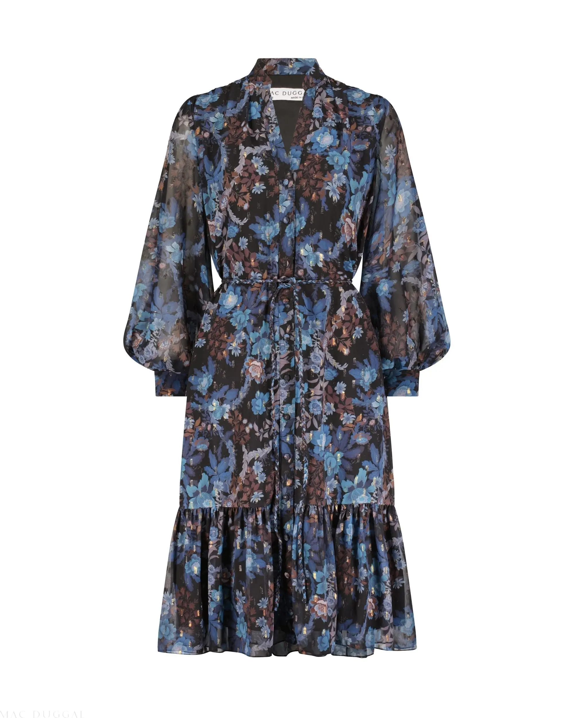 Blue Lurex Chiffon Bishop Sleeve Button Up Midi Dress - Image 6