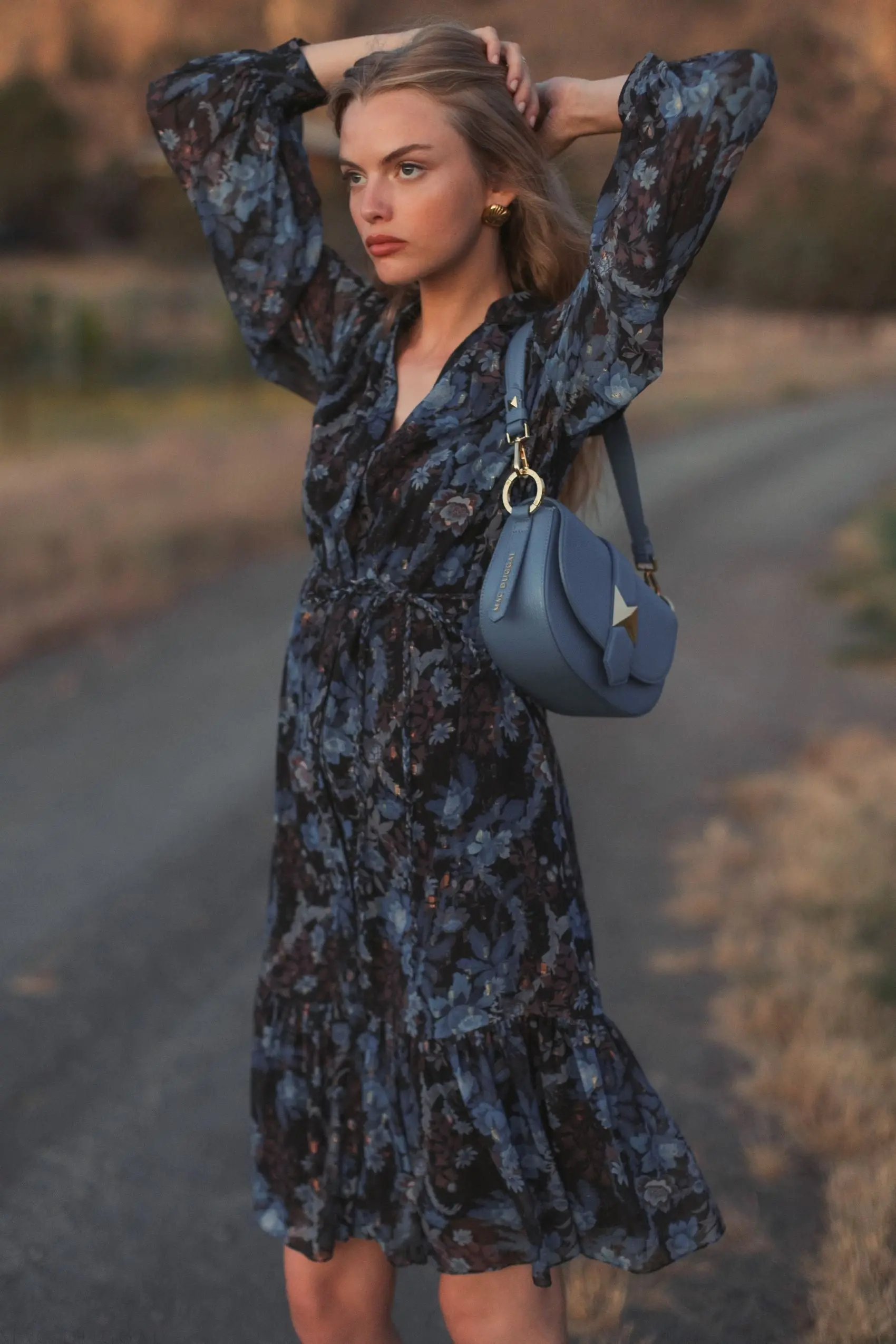 Blue Lurex Chiffon Bishop Sleeve Button Up Midi Dress - Image 7