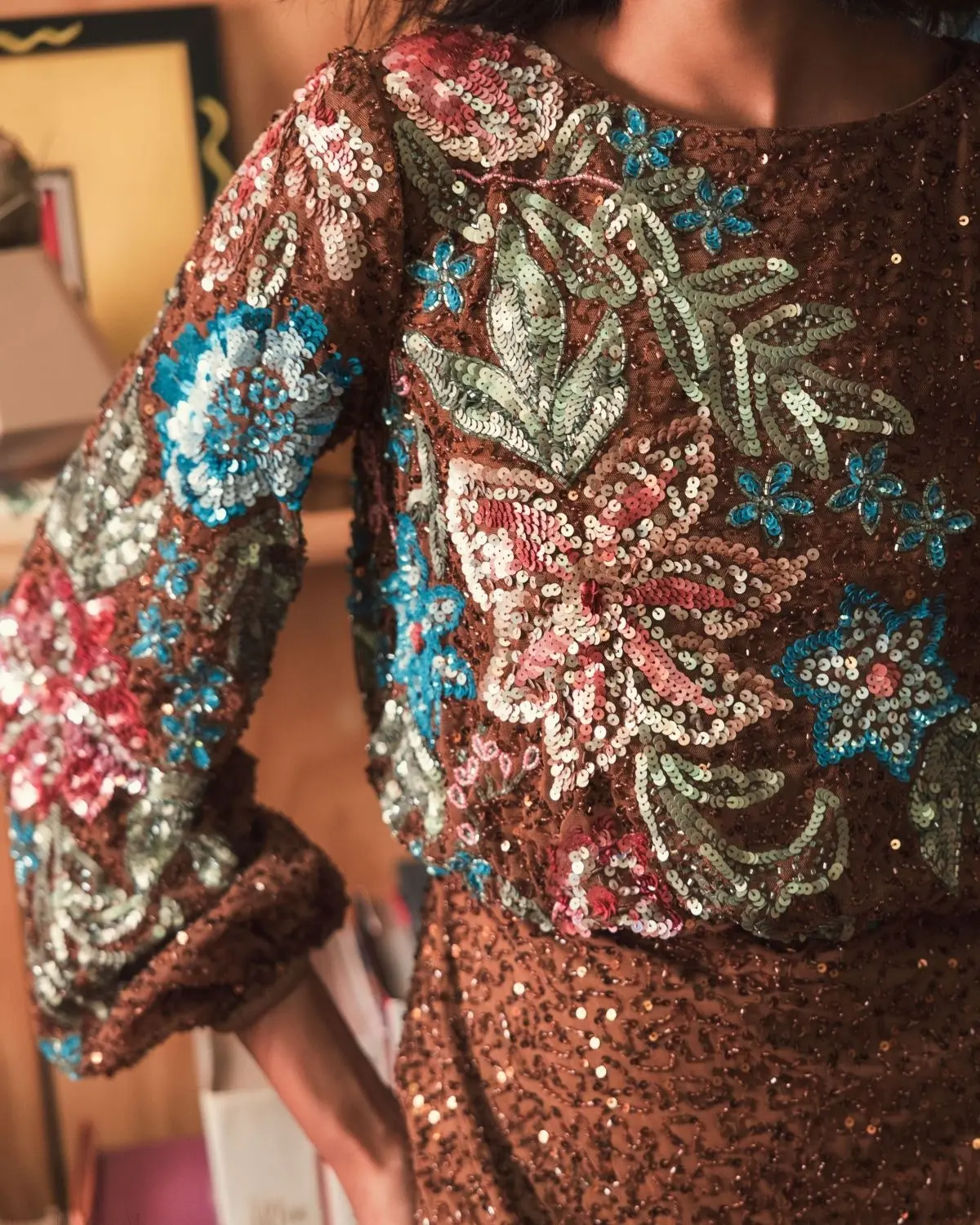Brown High Neck Long Sleeve Sequin Gown - Image 5