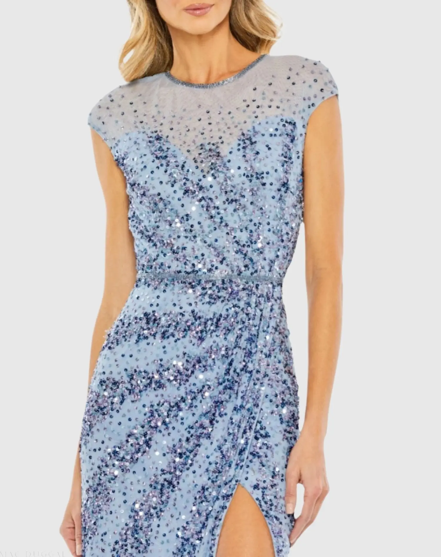 Blue Embellished Illusion High Neck Cap Sleeve Gown - Image 2
