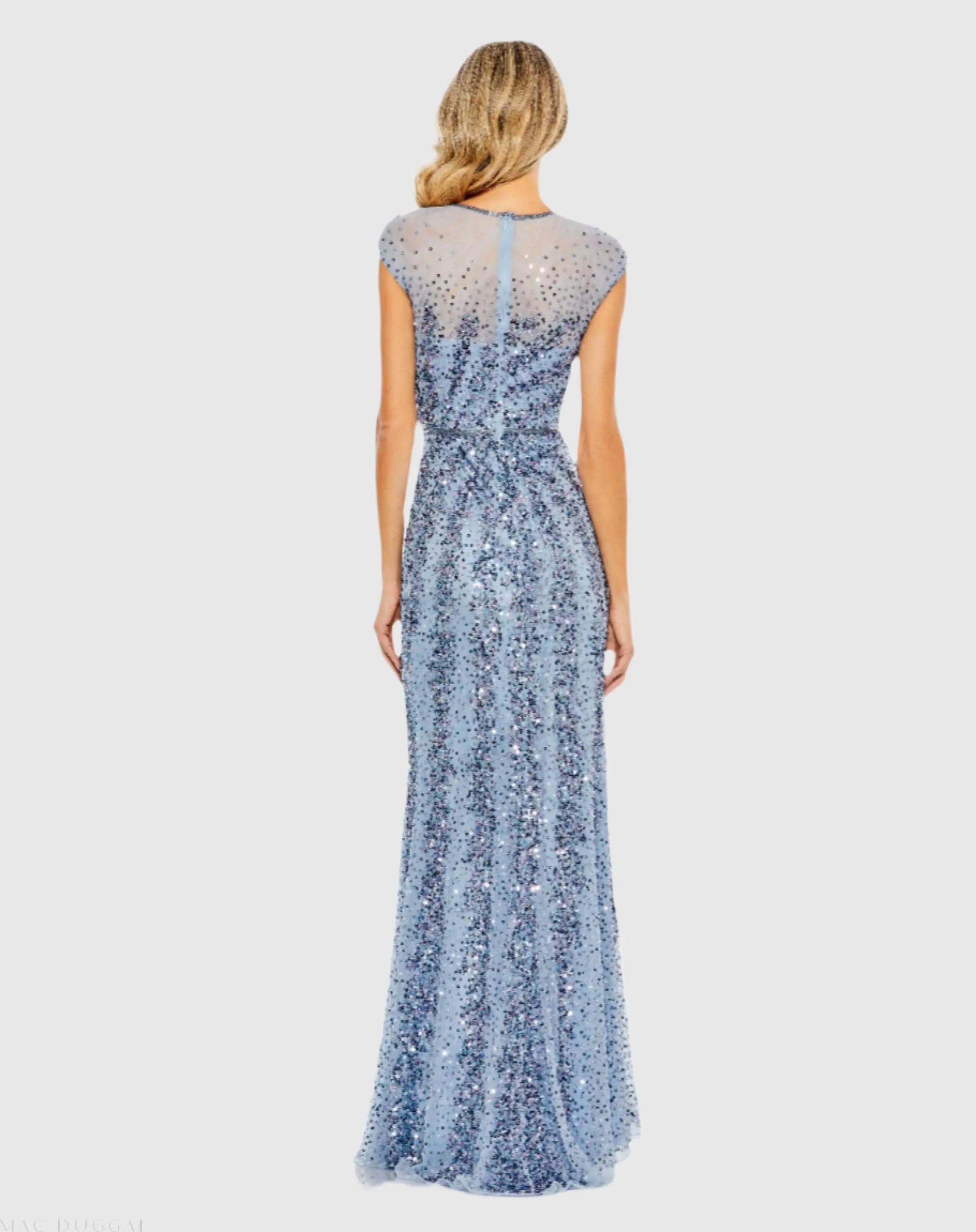 Blue Embellished Illusion High Neck Cap Sleeve Gown - Image 3