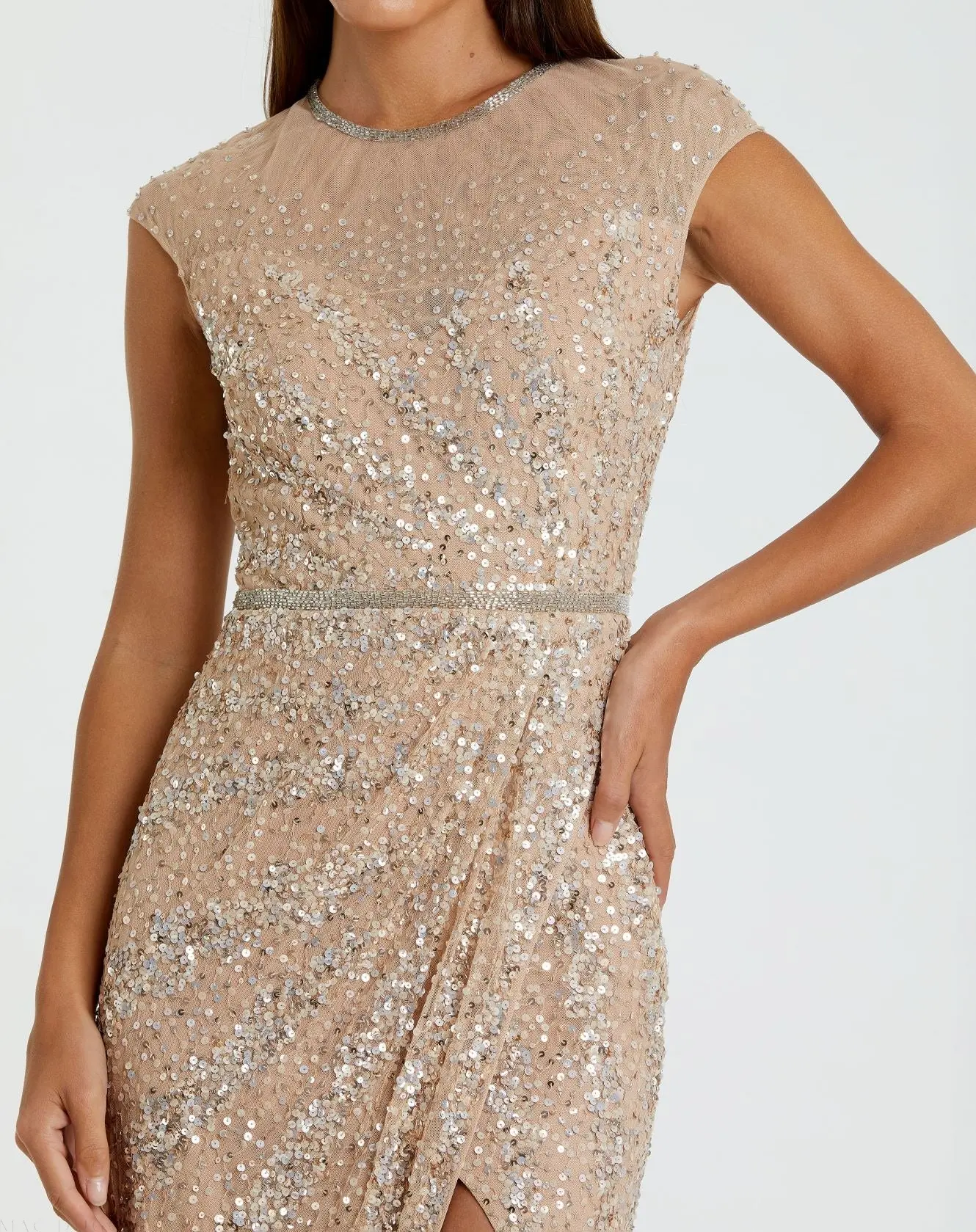 Beige Embellished Illusion High Neck Cap Sleeve Gown - Image 2