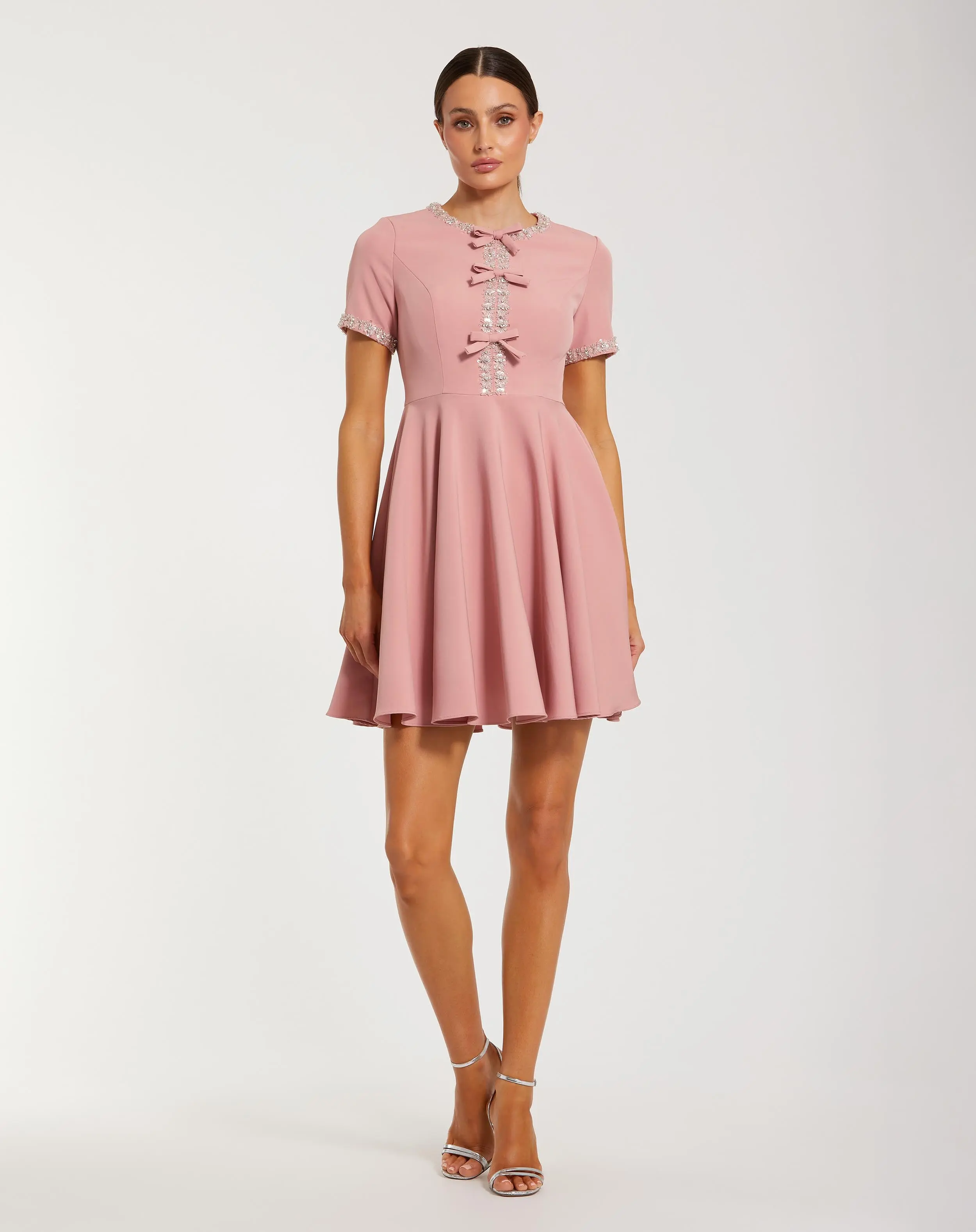Pink Crepe A Line Mini Dress With Rhinestone Beading