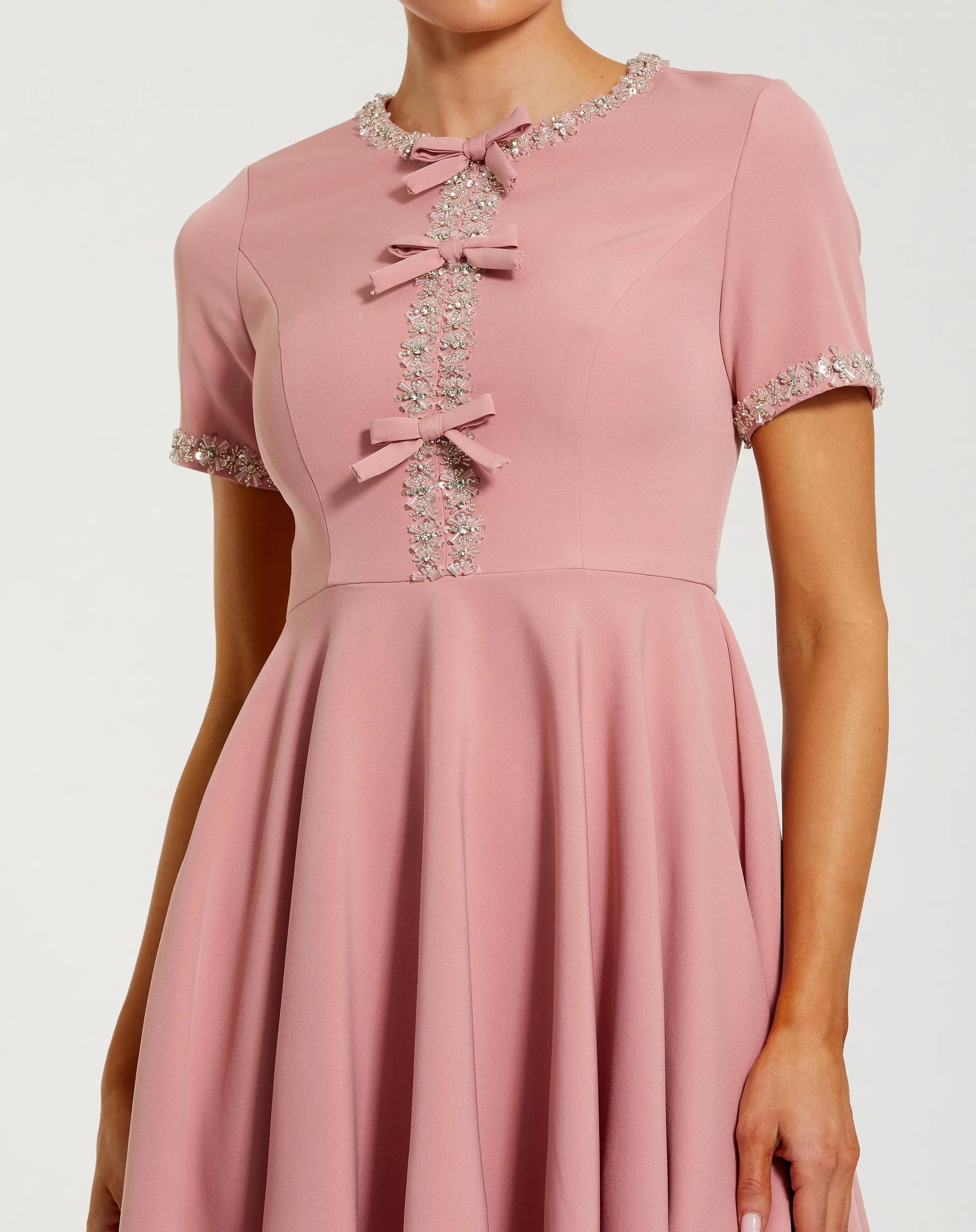 Pink Crepe A Line Mini Dress With Rhinestone Beading - Image 2