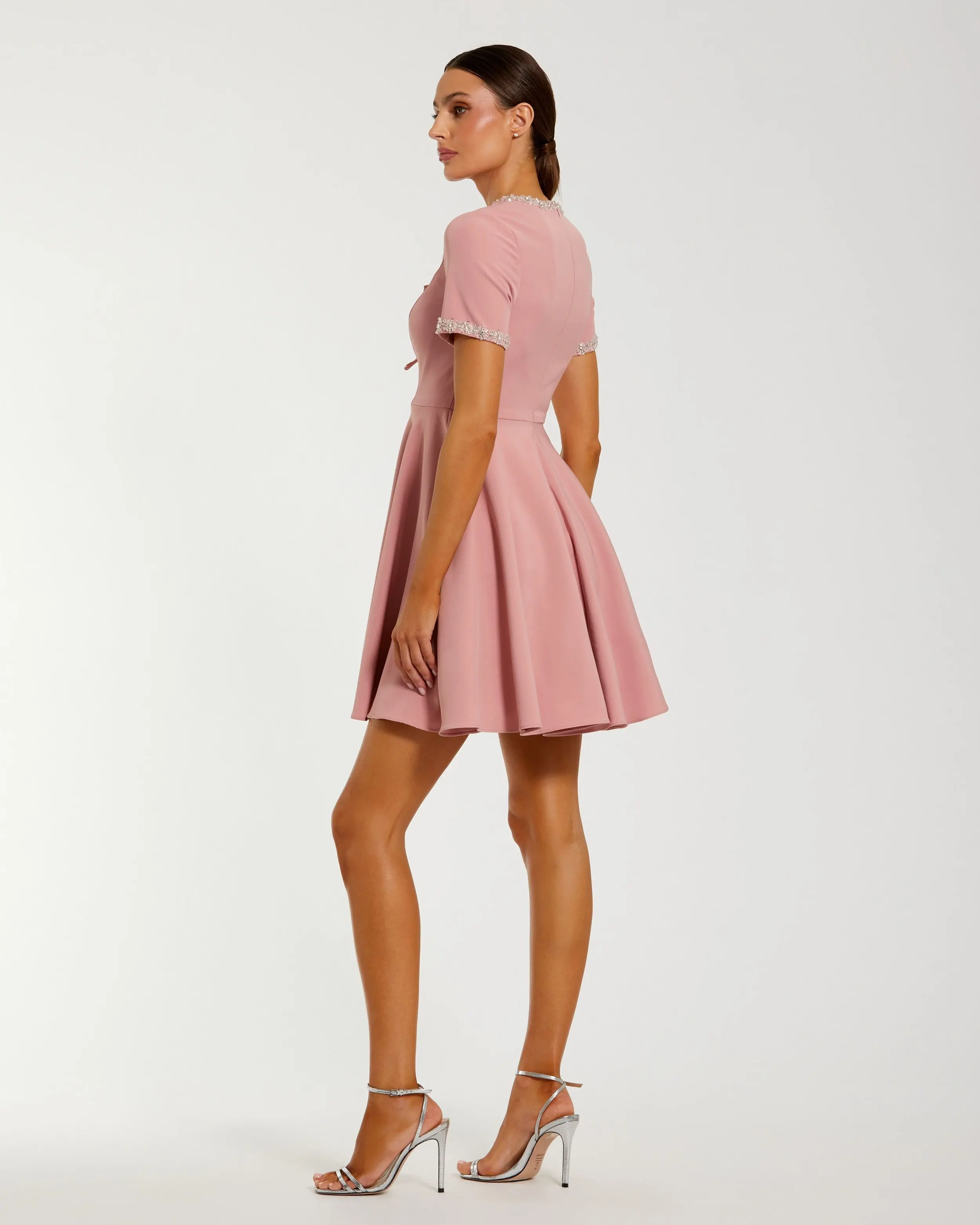 Pink Crepe A Line Mini Dress With Rhinestone Beading - Image 3